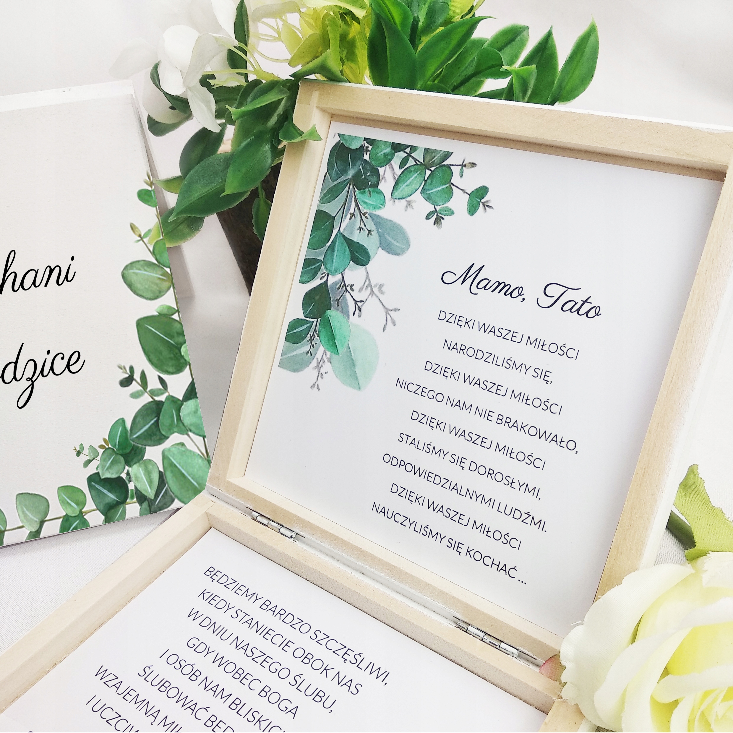 PUDEŁKO DREWNIANE PROŚBA ZAPROSZENIE DLA RODZICÓW EUKALIPTUS NA ŚLUB Y3 Zdobienie brak