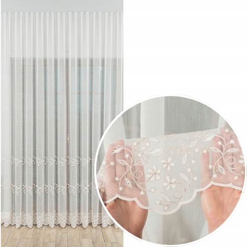 Firana Gotowa 300x250cm Kremowa na Taśmie Beżowe Kwiaty Haftowana do Salonu