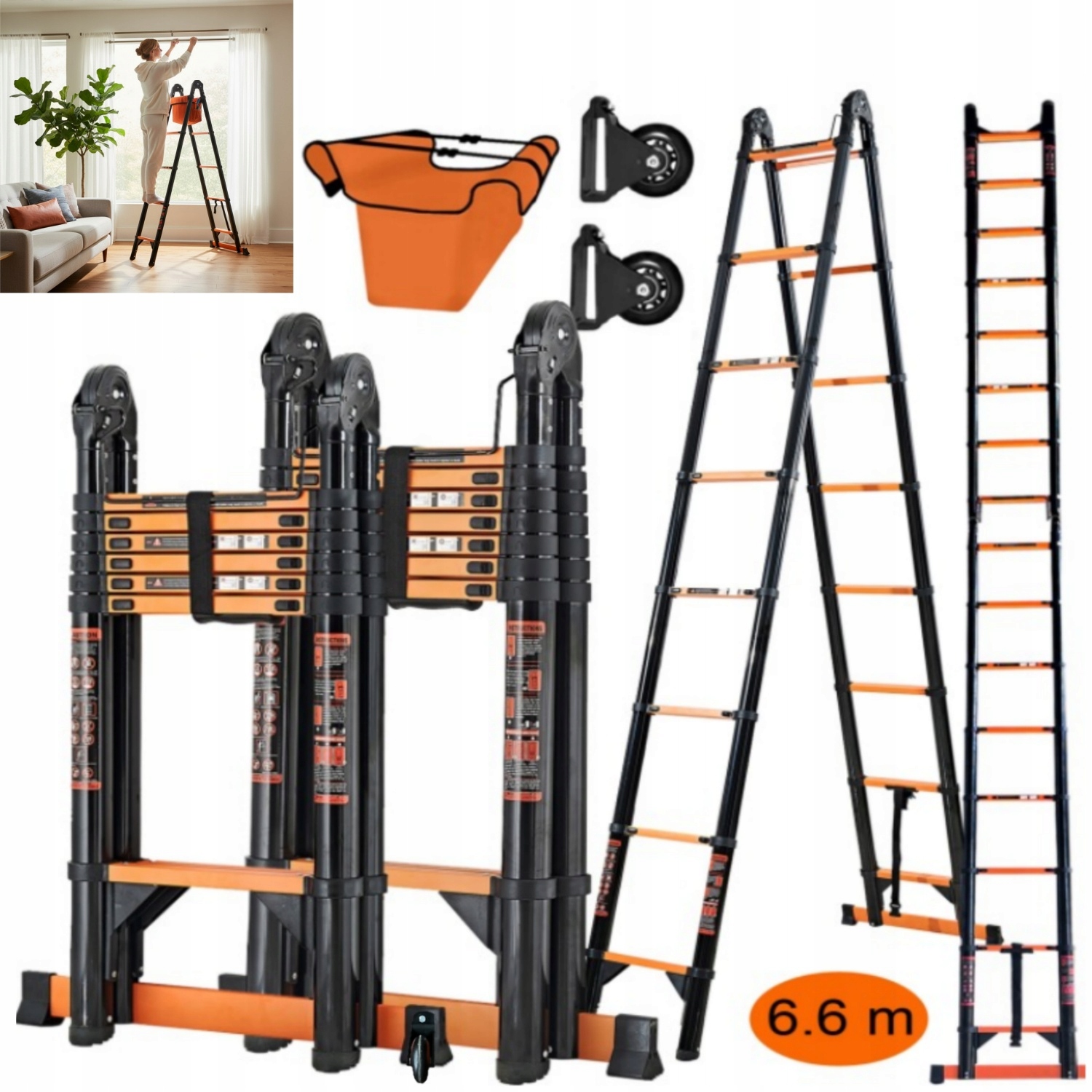 6,6m Teleskopický rebrík 16 priečok skladací 150 kg