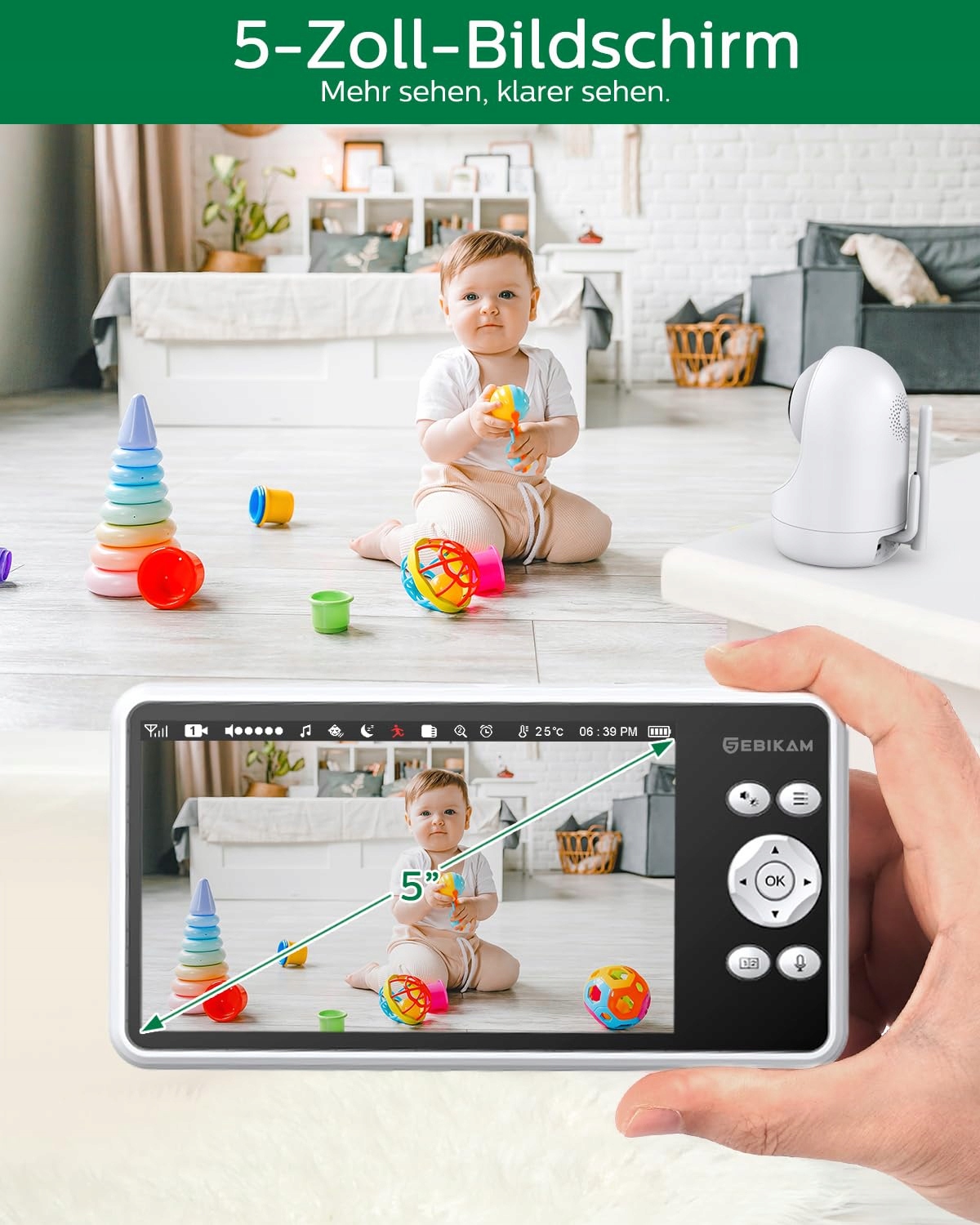 SEBIKAM Elektroniczna Niania Kamera 5 Calowy 720P HD Monitor Dziecięcy — miniatura 3
