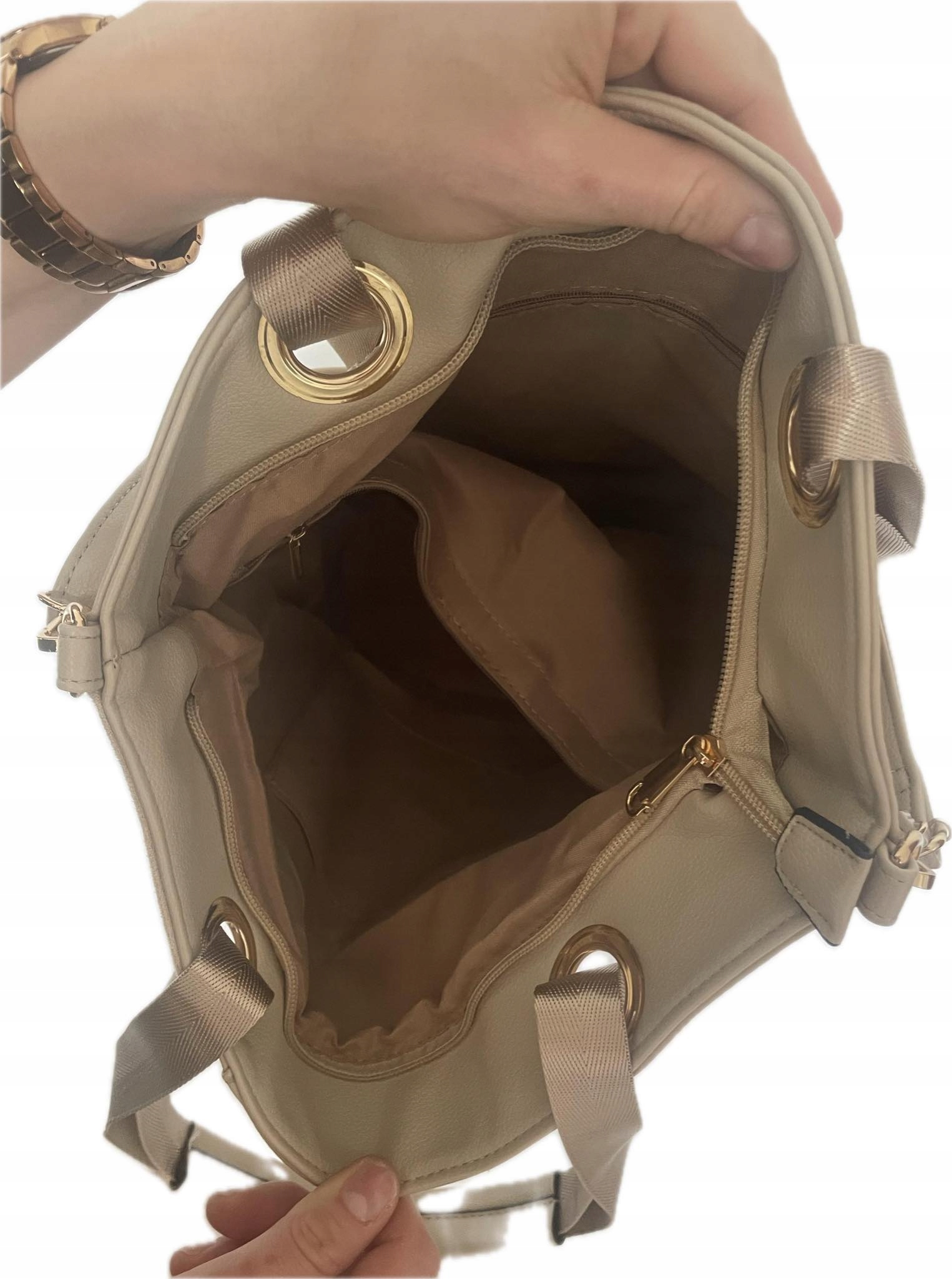 BEŻOWA TOREBKA DAMSKA WOREK shopper A4 Kolor beżowy