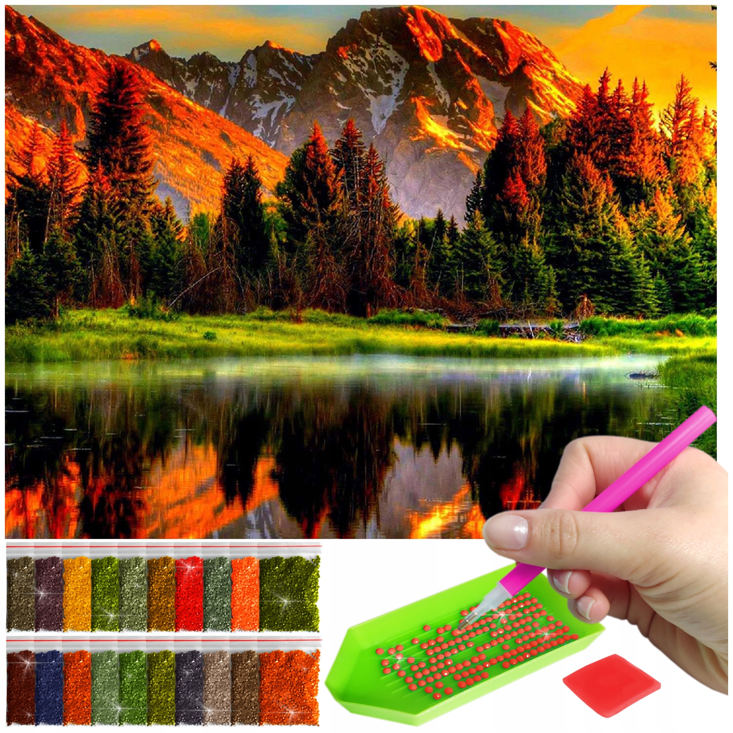 Haft diamentowy dla dzieci mozaika diamond painting 5D góry krajobraz las