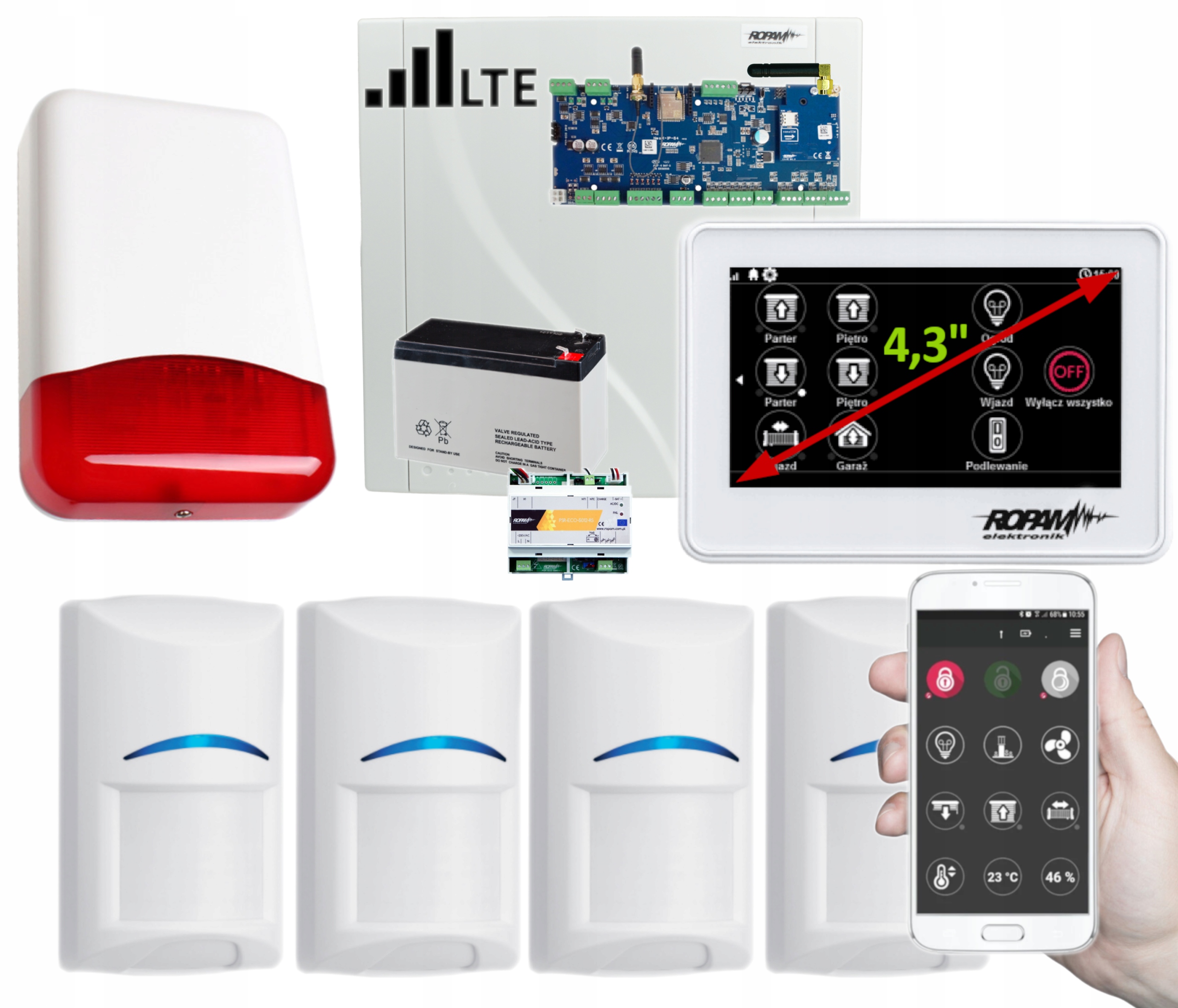 Alarm Zestaw Ropam NeoLTE-IP-64 4 Czujki Bosch Wifi Aplikacja Wifi Dotyk