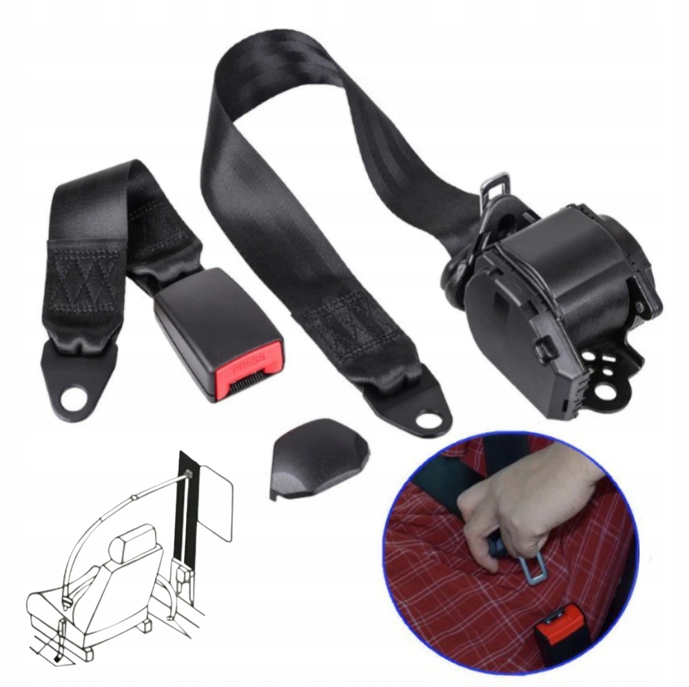 3-bodový bezpečnostní pás s automobilovou sponou a univerzálním zámkem