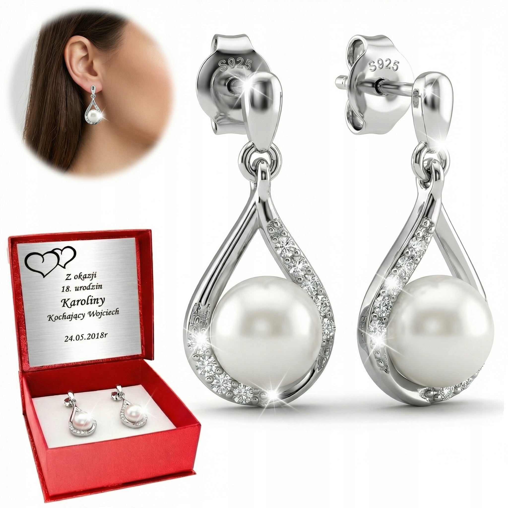 Srebrne Kolczyki 925 Wiszące Perły Grawer Dzień Mamy modne na preznet
