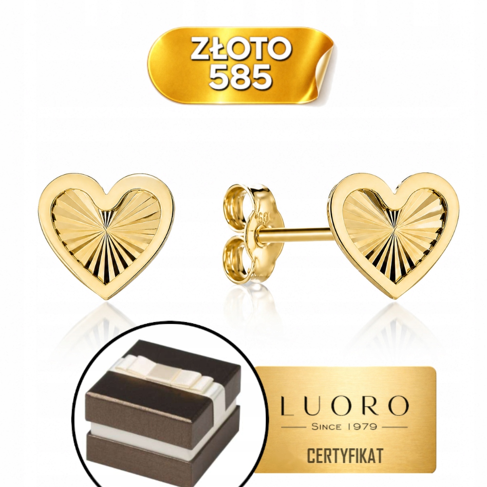 Náušnice Zlaté 585 14K Srdce Diamantové 7 MM Elegantní Tyčinka