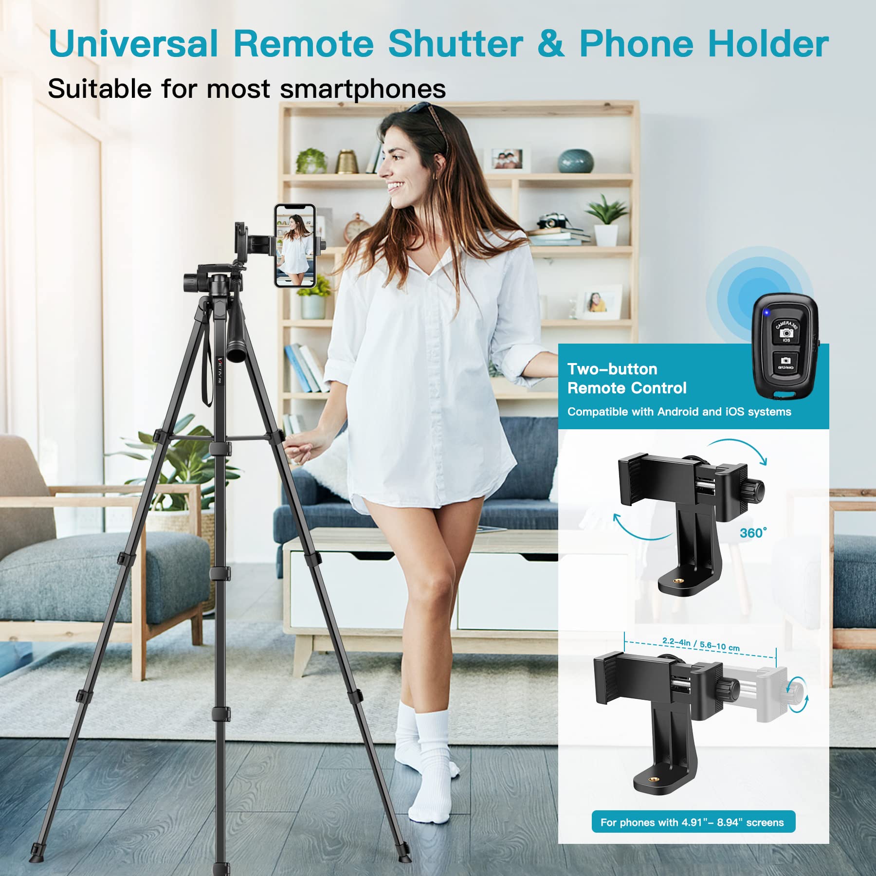 VICTIV Statyw Kamera Telefon 172cm Aluminiowy Tripod DSLR iPhone Sony — miniatura 3