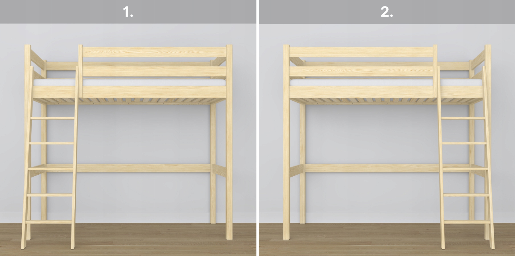 Łóżko piętrowe na antresoli drewniane N03 sosna bezbarwna 100x180 Materiał korpusu drewno