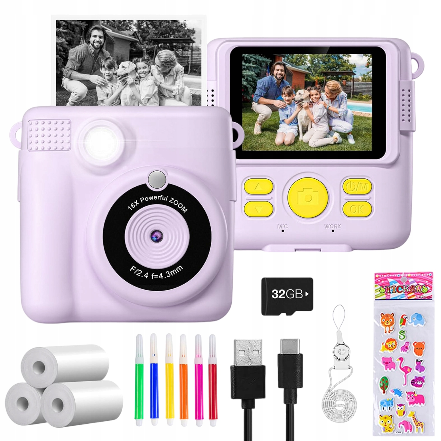 Dětský fotoaparát s termální tiskárnou a 32GB kartou 3 role papíru