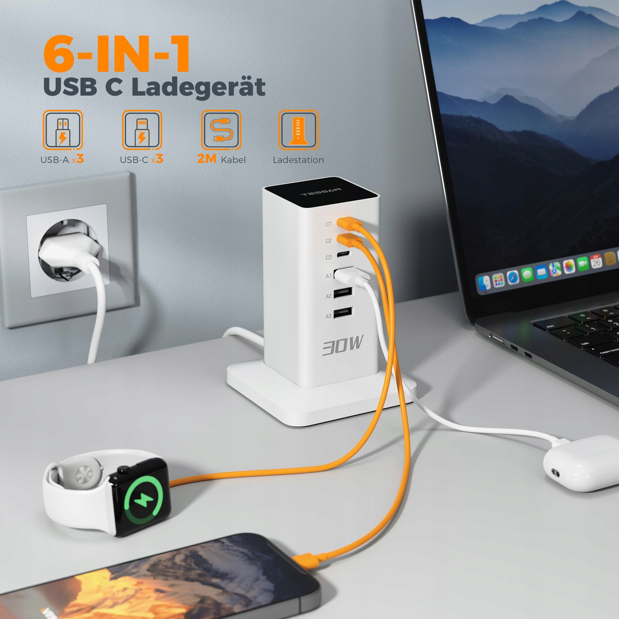 TESSAN Ładowarka USB 30W 6w1 6 Portów 3A 3C Adapter 15m Kabel Kompaktowa — miniatura 2
