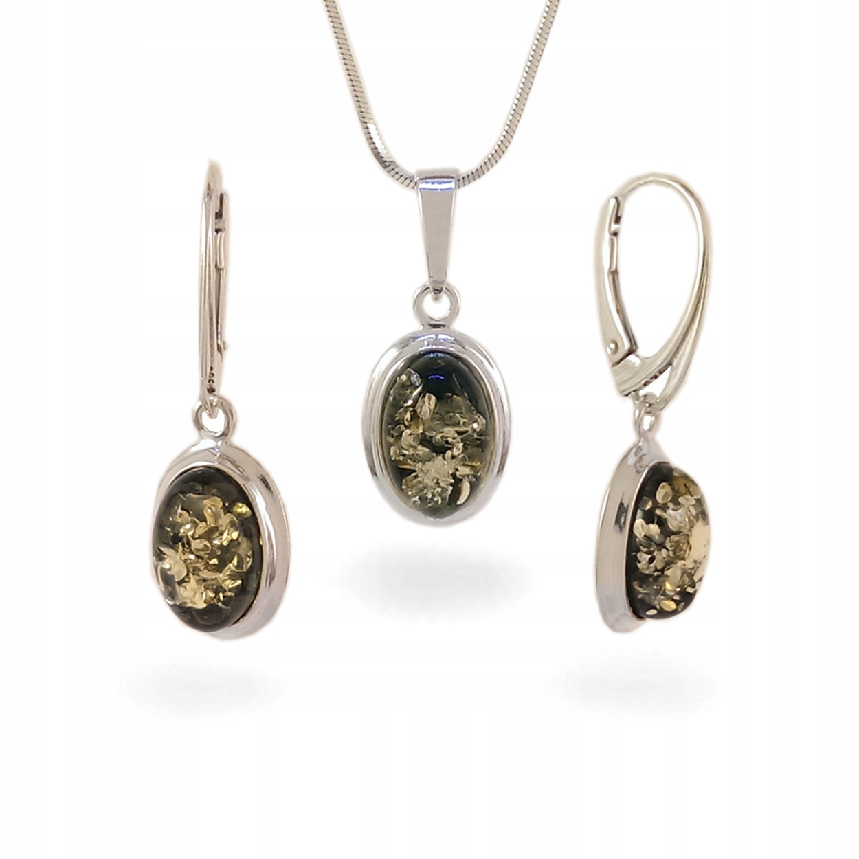 

Zestaw Biżuterii Srebrnej z Zielonym Bursztynem