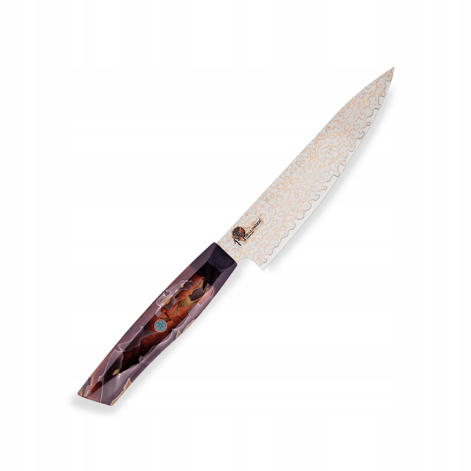 Malý lúpací nôž Utility 130 mm Dellinger Resin Mash Gold Damascus