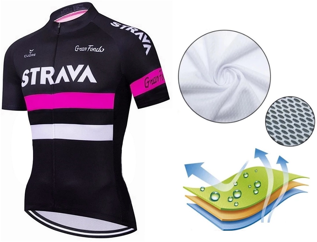 STRÓJ ROWEROWY STRAVA SPODENKI ŻELOWE KOSZULKA KOMPLET KOLARSKI RÓŻOWY XL Właściwości bezszwowe ochrona UV oddychające odprowadzające wilgoć szybkoschnące