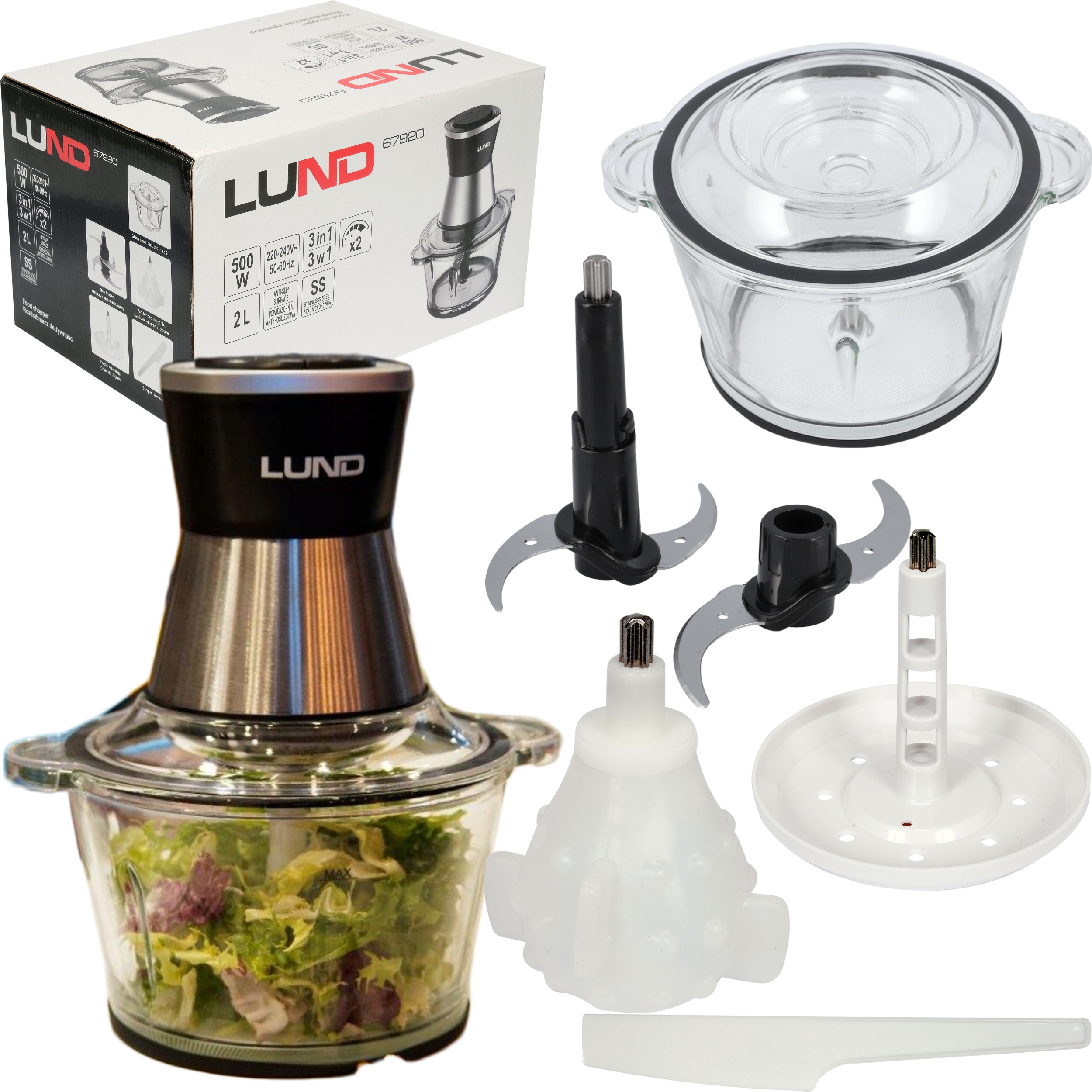 Elektryczny Rozdrabniacz Siekacz Do Warzyw Żywności Malakser 3w1 2L 500W