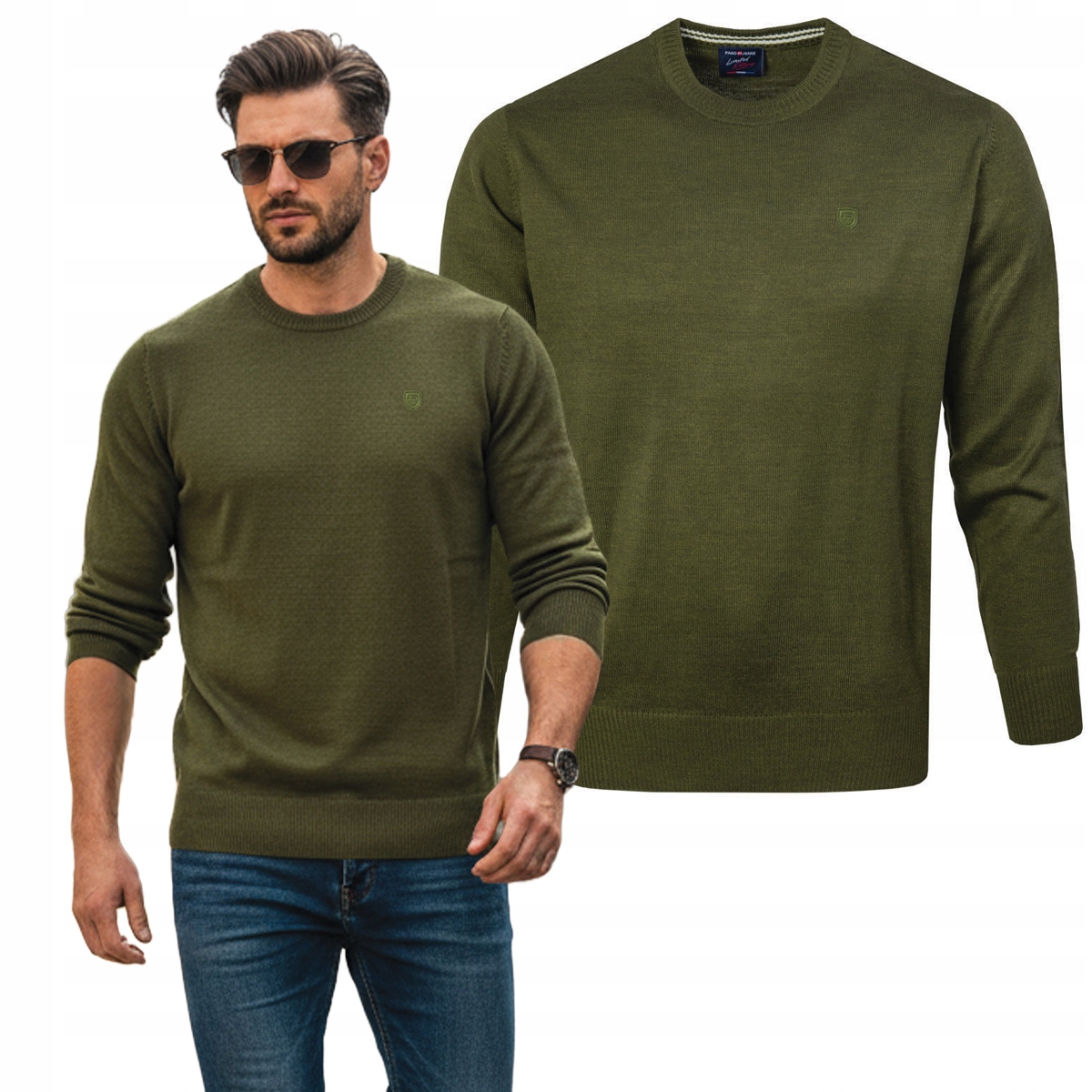 Pánský svetr Klasický Basic Hladký Vojenský Zeleň XXL Pako Jeans