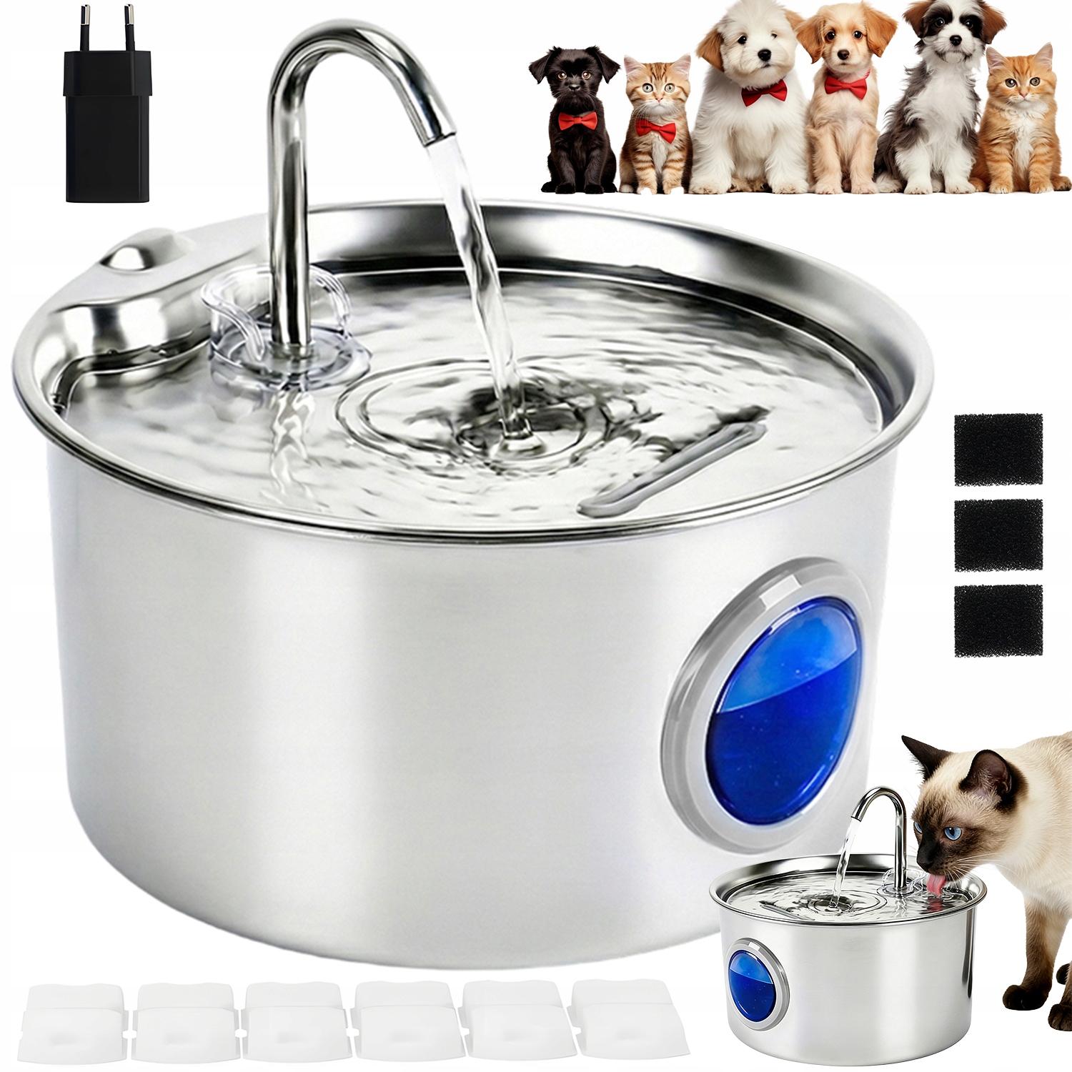 Fontána Pro Zvířata Automatická Ocelová 2.6 L Tichá S Filtrem A Led