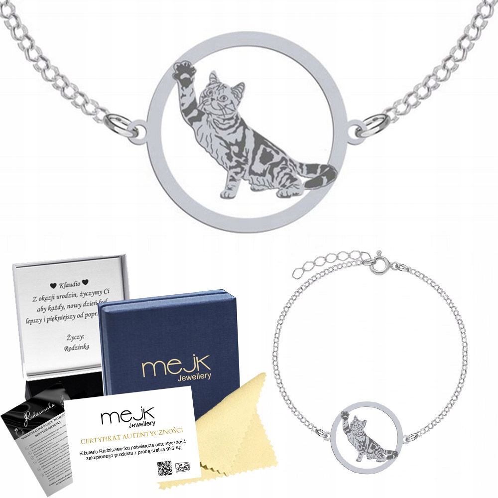 Stříbrný náramek Kočka Americká Krátkosrstá 925 Šperky Gravírování Bonus