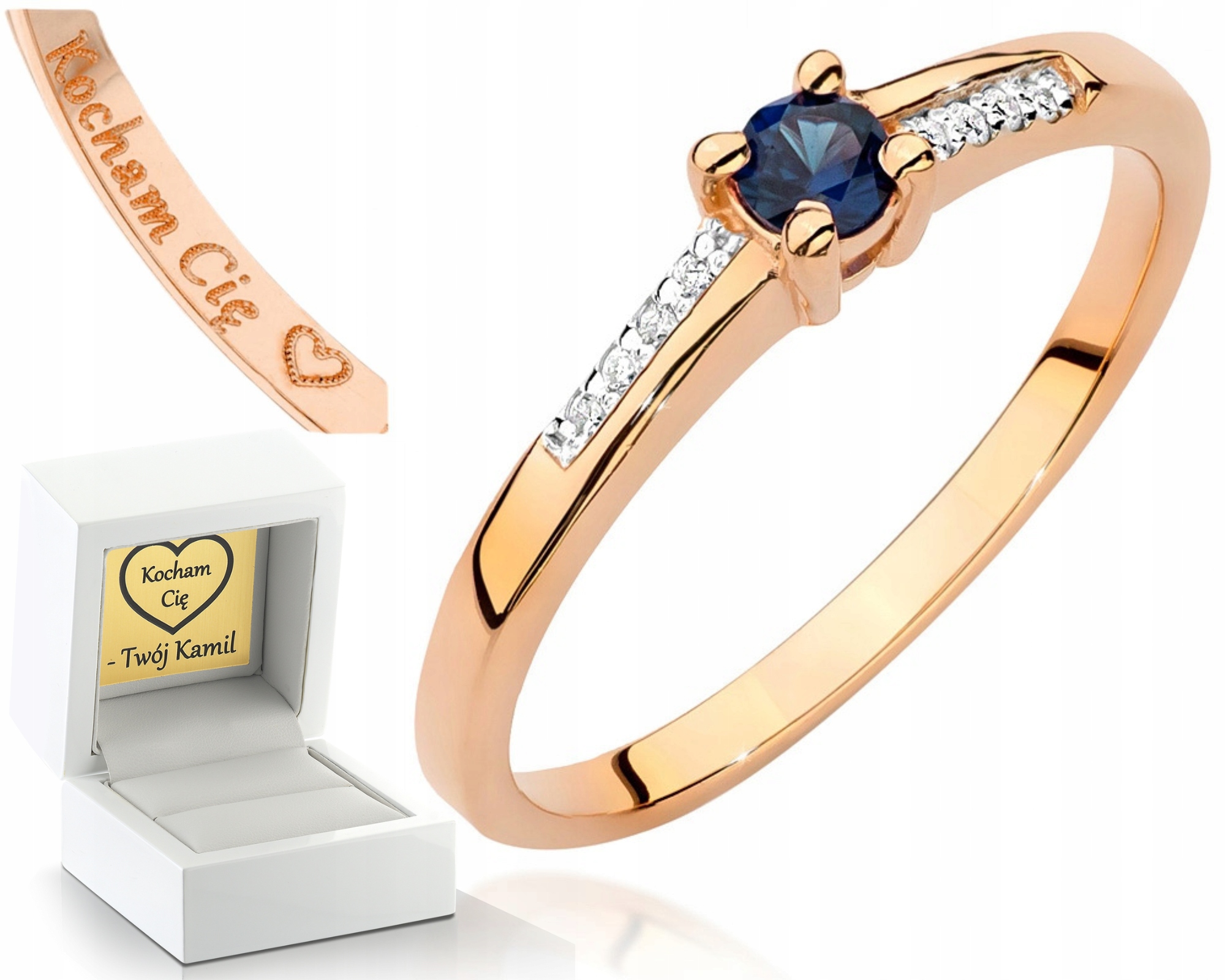 Růžové Zlato Prstýnek Safírový Briliant Gravírování