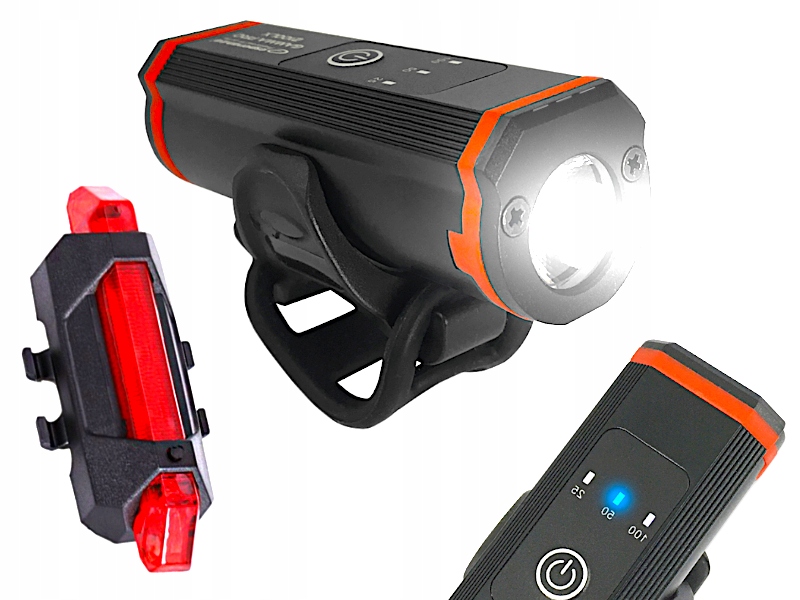 ZESTAW LAMPEK ROWEROWYCH LED PRZÓD 2100 LX + TYŁ USB NA ROWER KOMPLET AKU