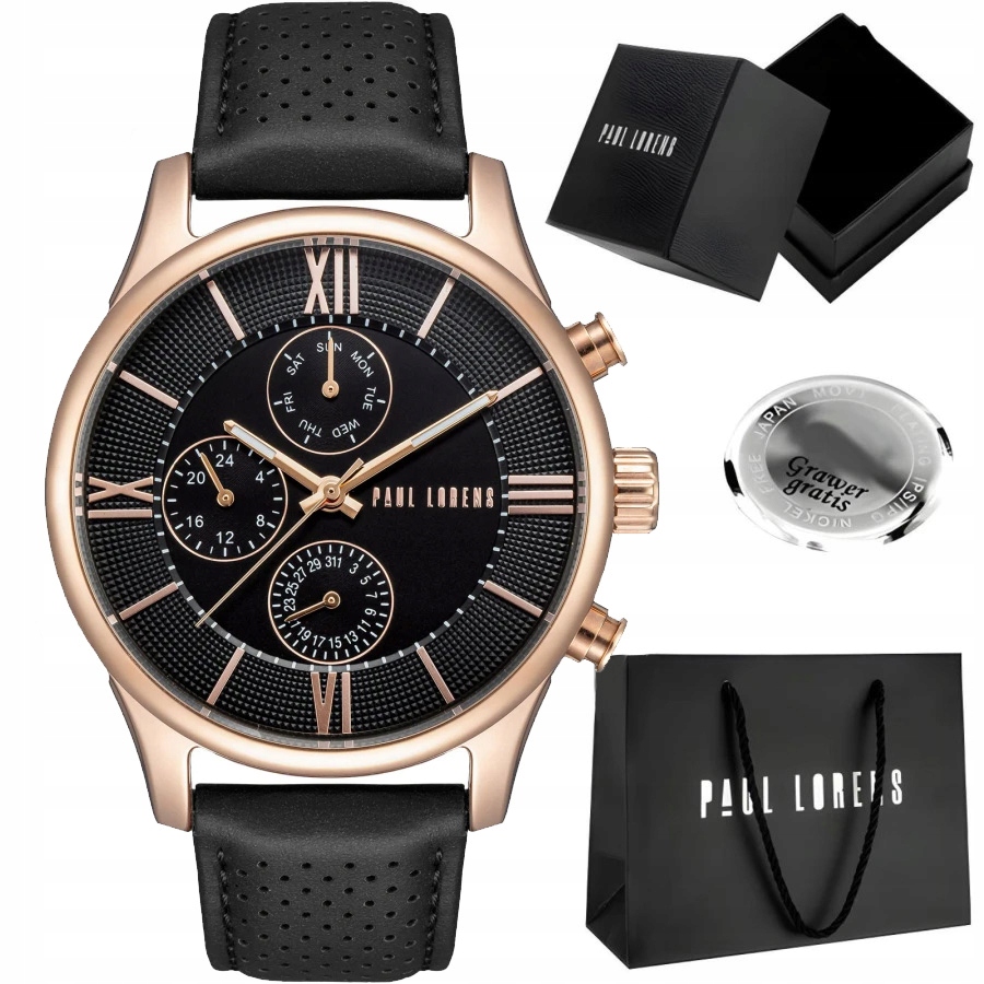 Klasické pánské hodinky Paul Lorens Savrese kožené multidatové +gravírování