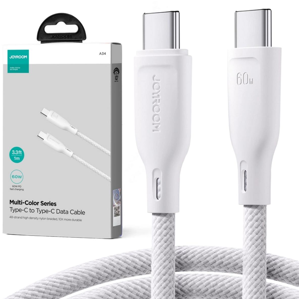Kabel Usb-c Usb-c Joyroom SA34-CC3 100cm 60W 5A Pd w oplocie biały