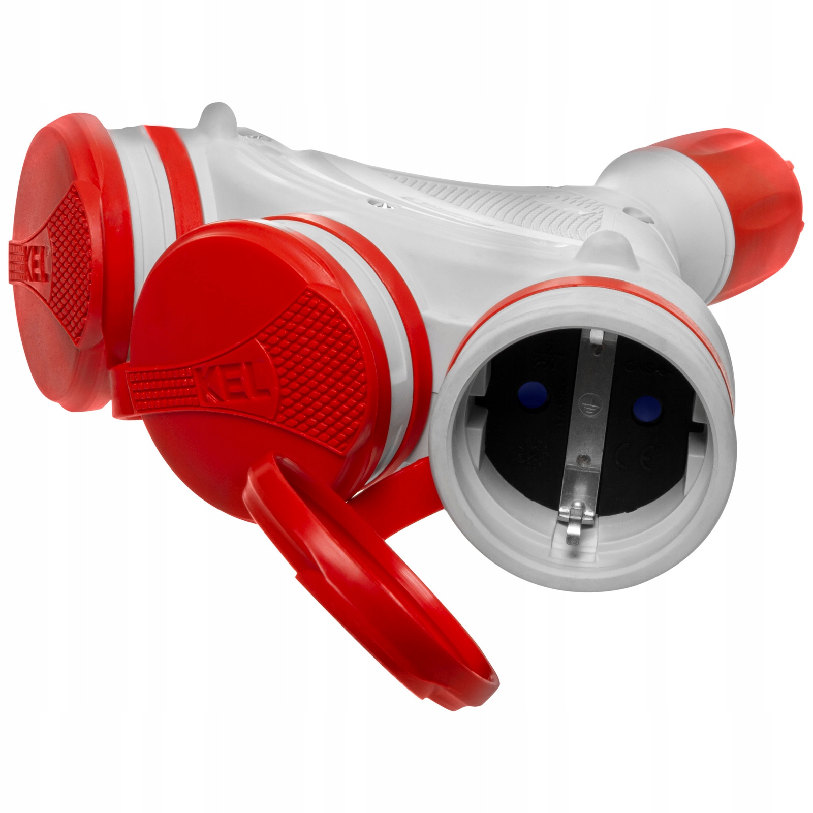 Třícestná Zásuvka Schuko IP44 3X2P+Z 16A 250V Šedo-červená Rozbočka