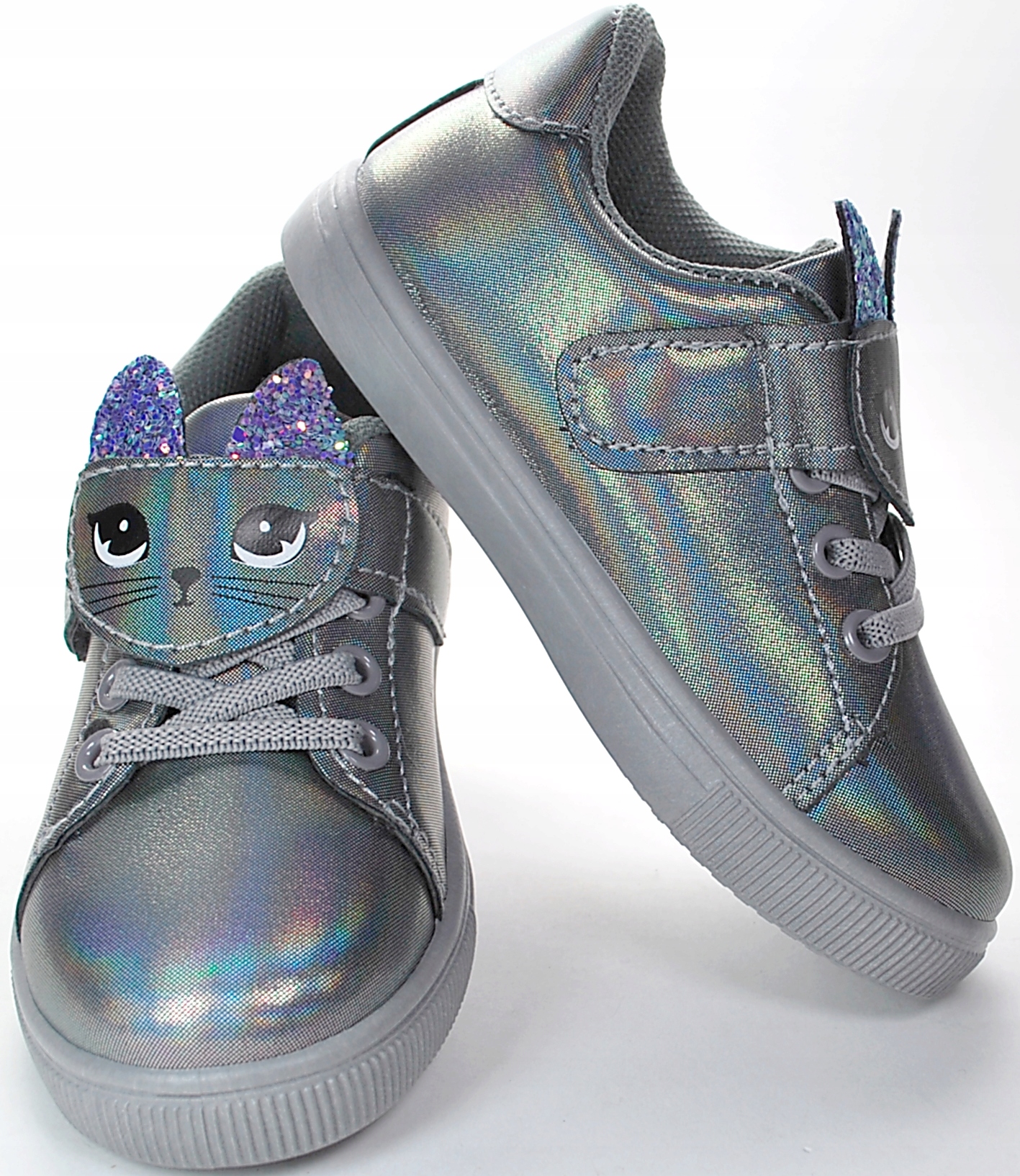 SZARE DZIEWCZYNKI PÓŁBUTY HOLOGRAM KOTEK rzepy r25 Materiał skóra ekologiczna