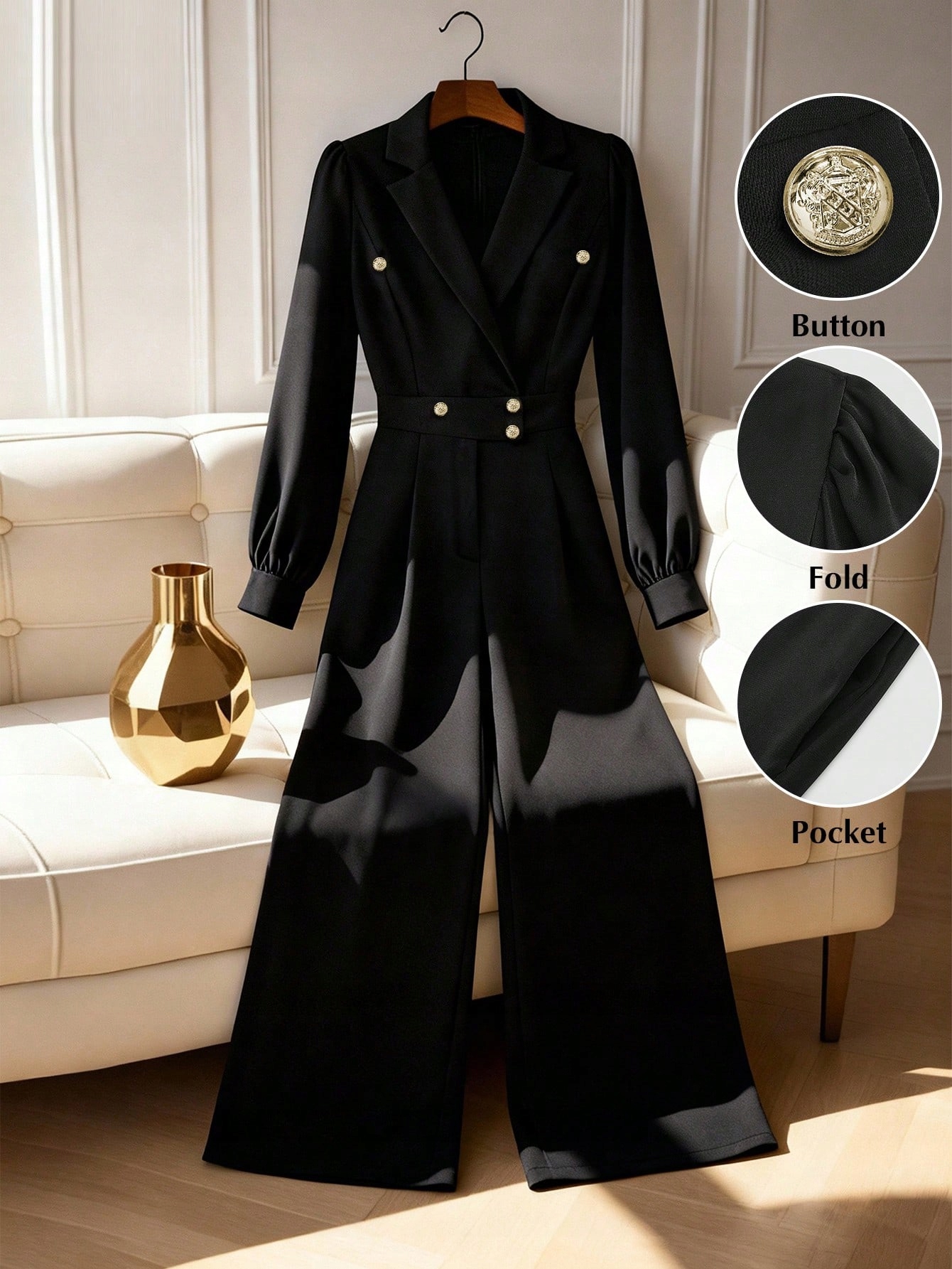 Elegantní Námořnická Kombinéza Černá Wide Leg Dlouhý Rukáv Shein XXL 44