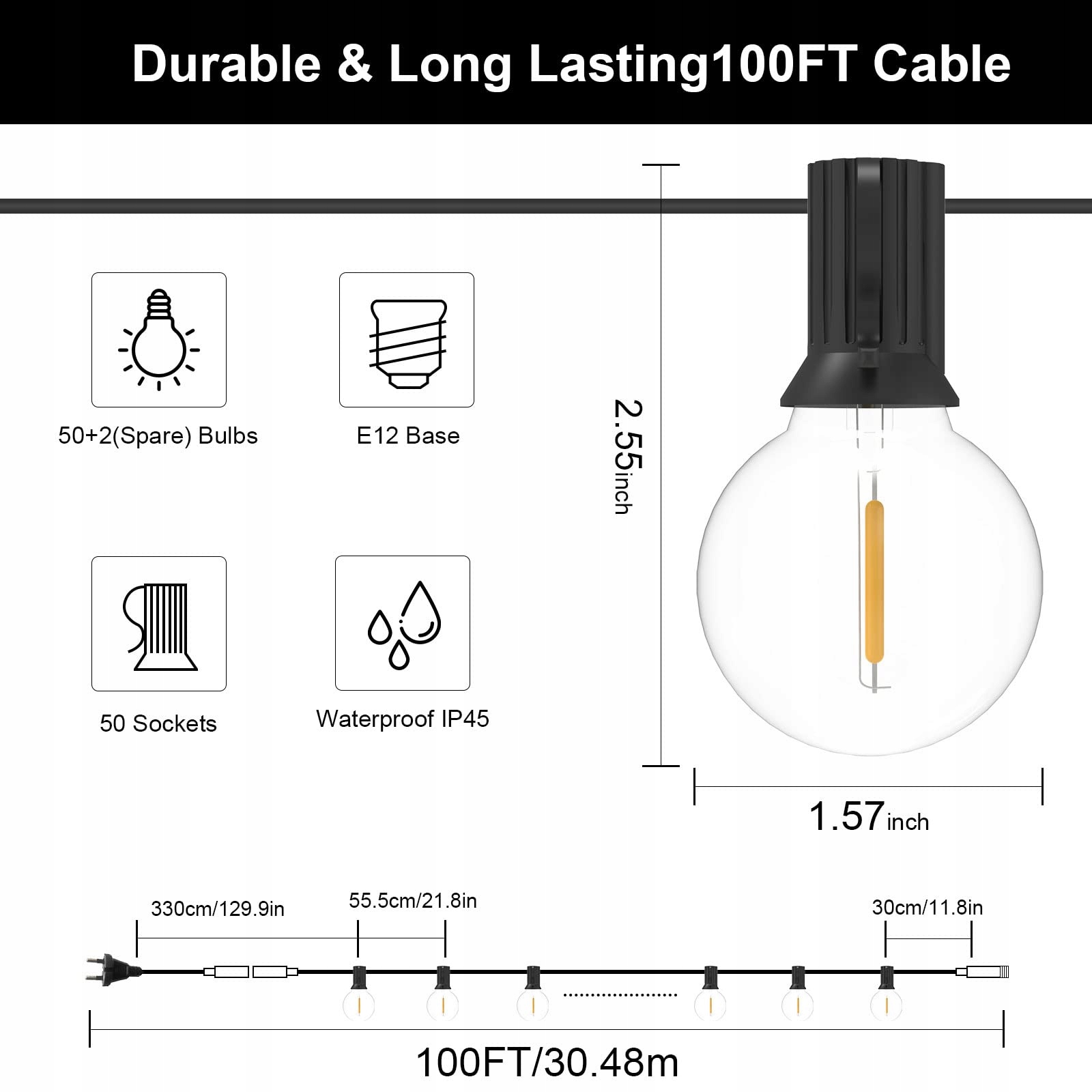 GLUROO 30M LED Girlanda Zewnętrzna IP45 50+2 Żarówki Ogrodowe — miniatura 5