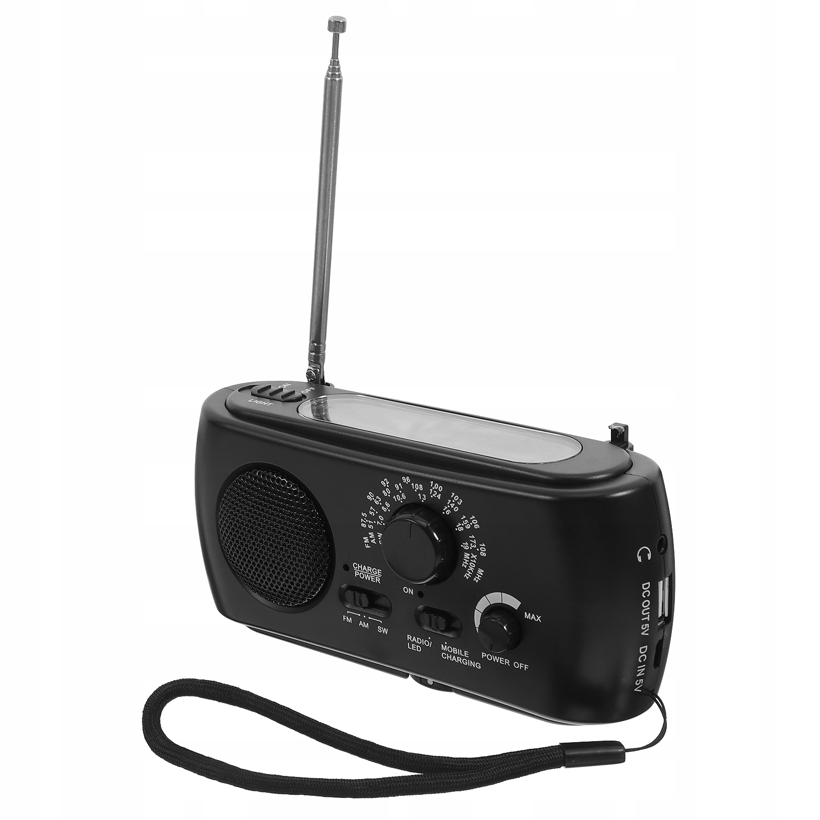 NIEZAWODNE CZARNE RADIO AWARYJNE Z DYNAMO KORBKOWYM I ZASILANIEM SOLARNYM