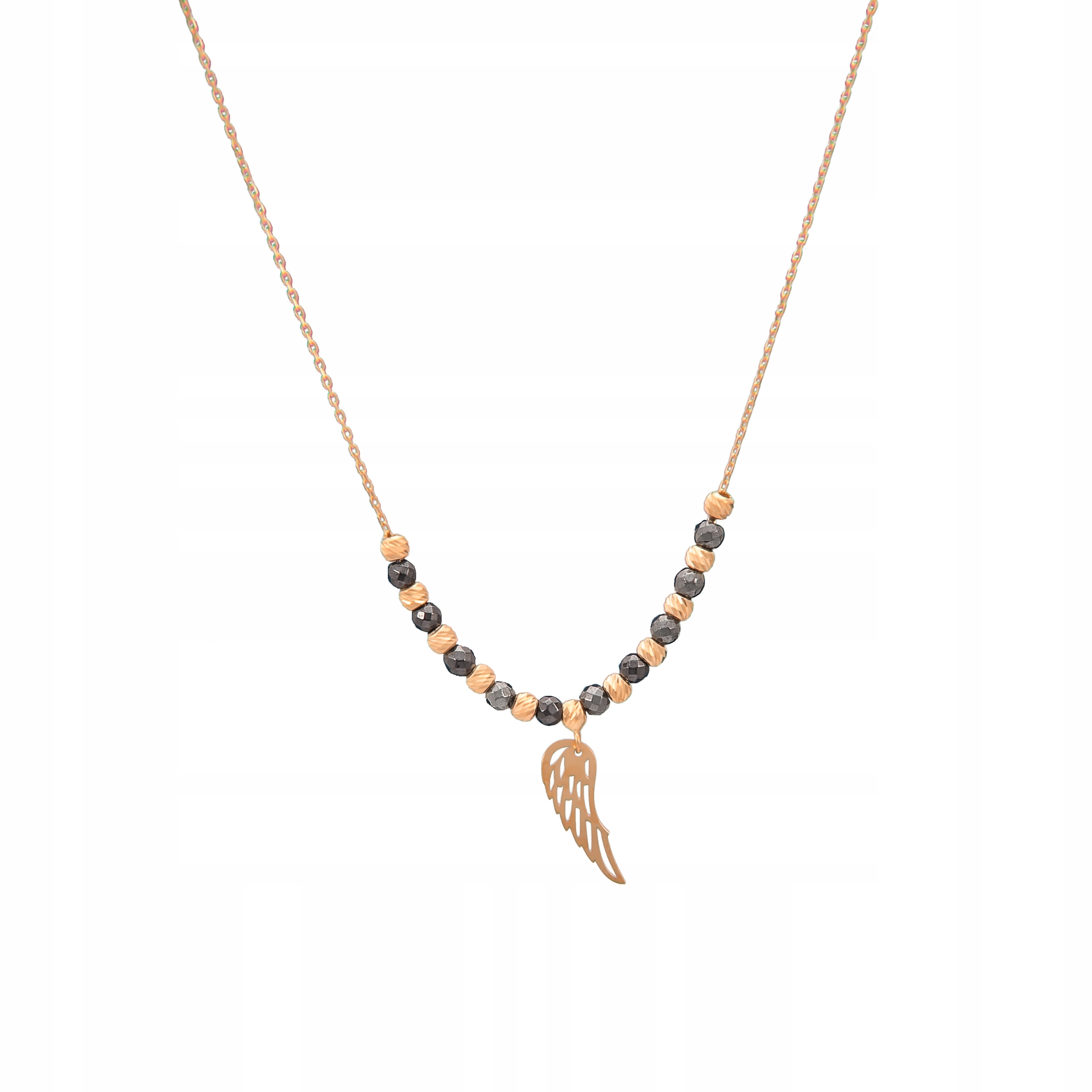 

Złoty Naszyjnik pr585 Modne Skrzydło Kulki Grawer