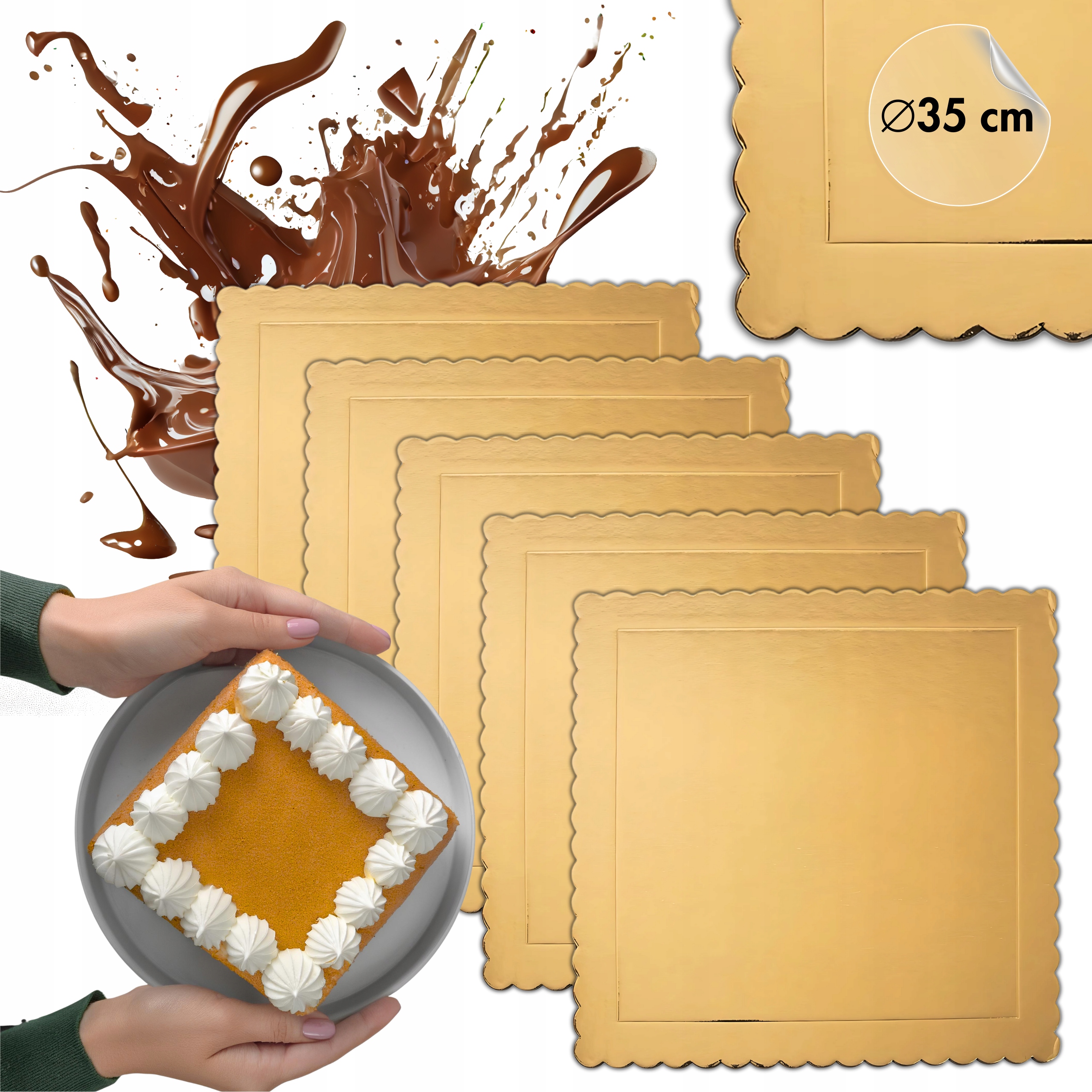 10 x Podložka Pod Dort 35 cm Zlatá Hrubá Čtvercová Podložka Pod Dort 35x35