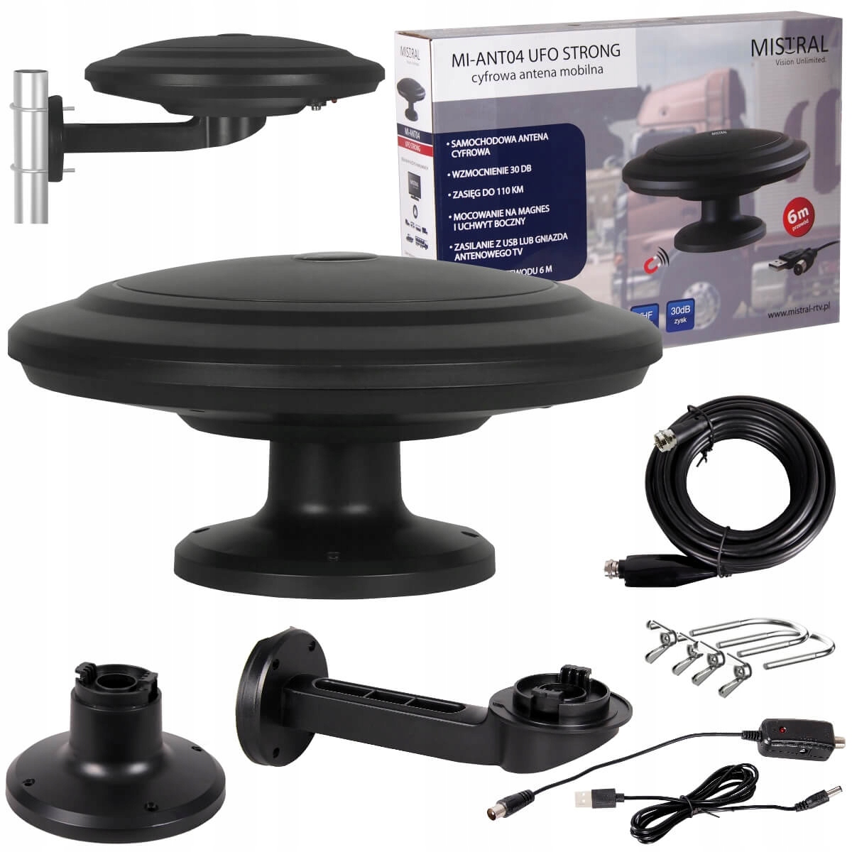 Antena Mistral Tv Naziemna DVBT2 Dookólna 4K Filtr 5G Magnes Usb Ufo Strong