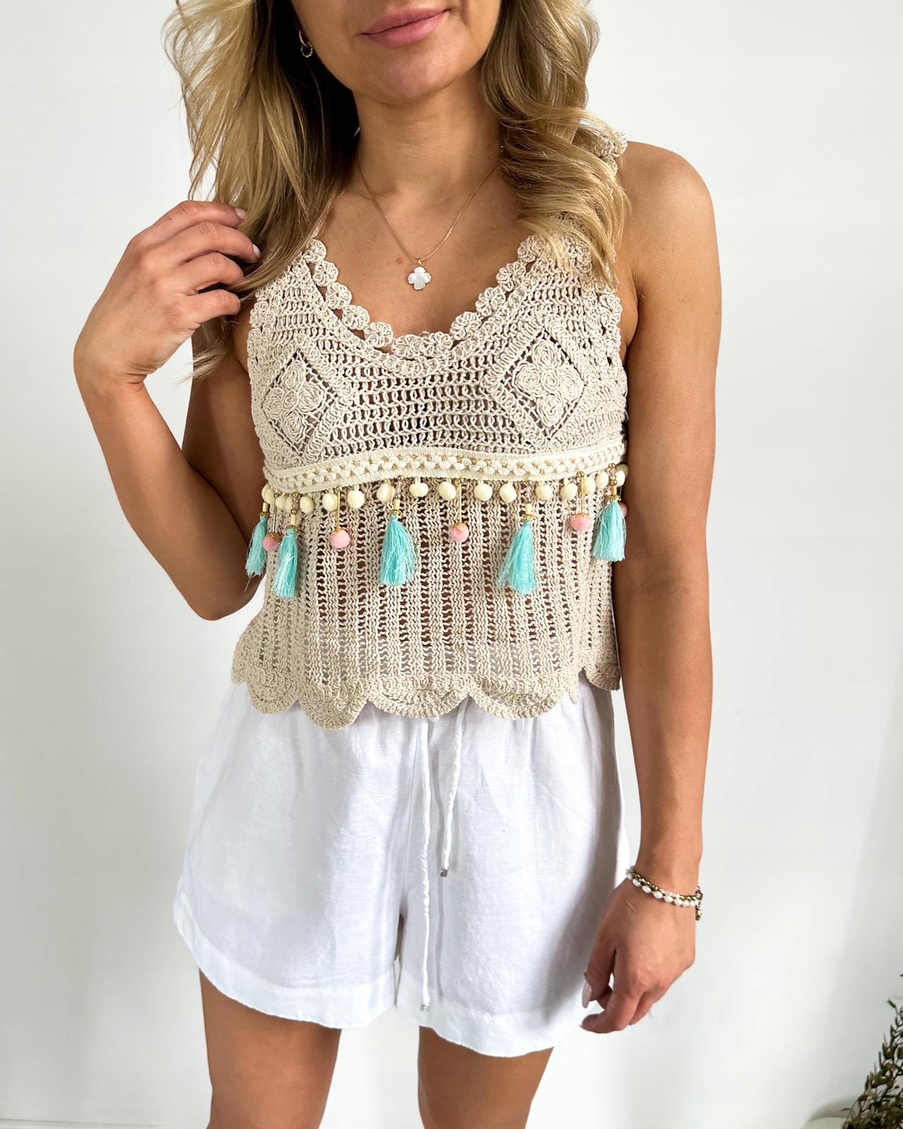 TOP BLUZKA BEŻOWA MAKRAMA PLECIONA BOHO BEŻ UNI Rozmiar uniwersalny