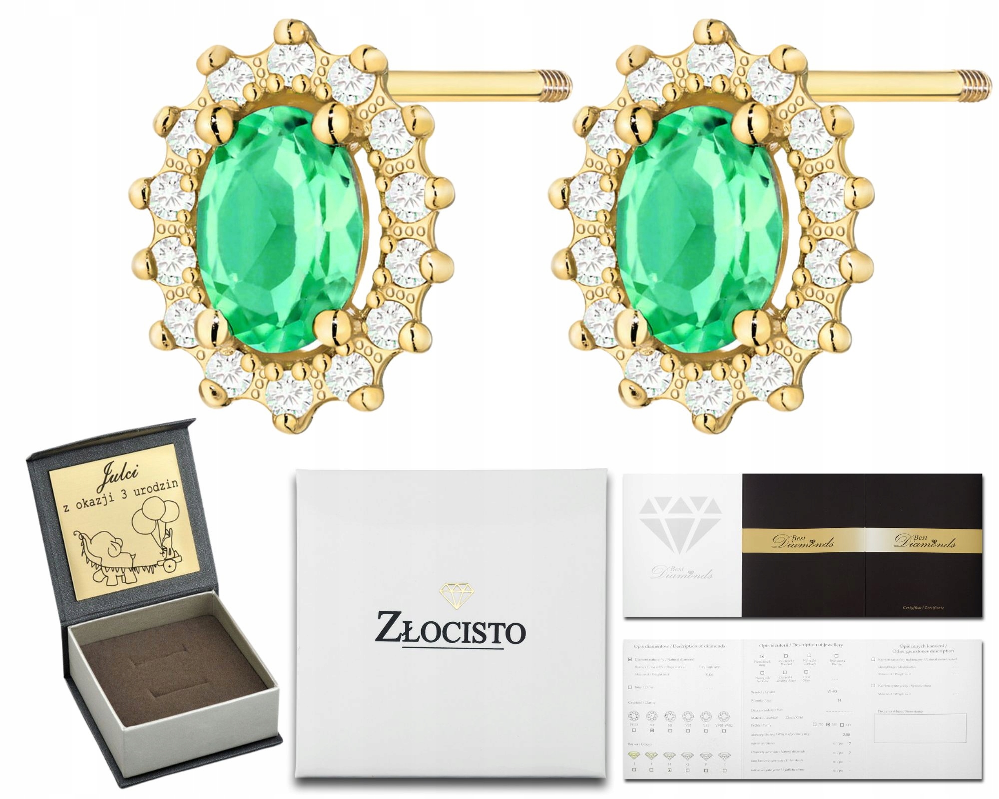 Zlaté Náušnice Přírodní Kámen Smaragd A Diamanty Šroubovací Tyčinka Zlato