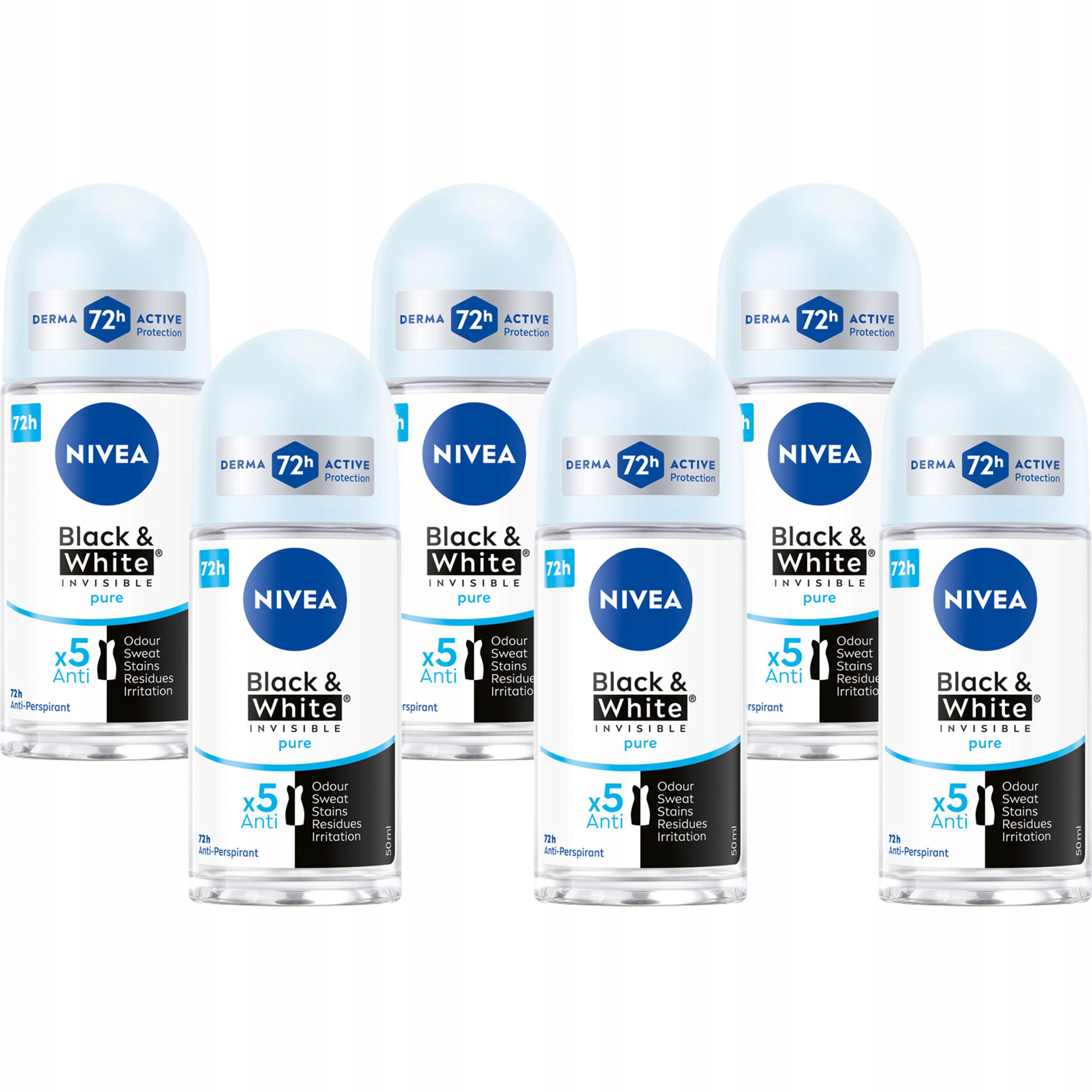 6 x Nivea Black&white Invisible Pure Antiperspirant Roll-on 50 ML