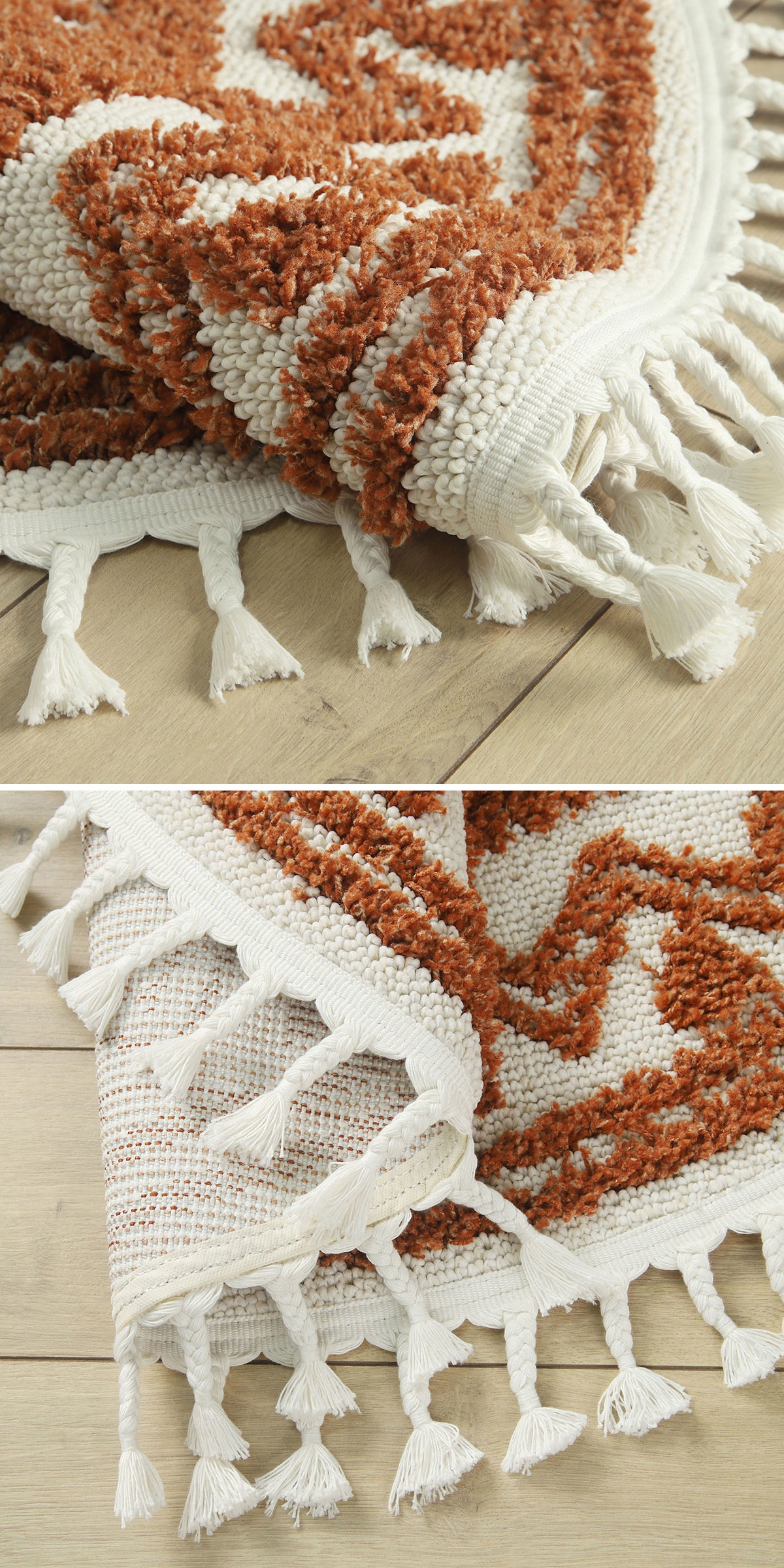 GRUBY OKRĄGŁY DYWAN BOHO Z FRĘDZLAMI BEŻOWY DYWAN STYL SKANDYNAWSKI 120x120 Materiał wykonania poliester