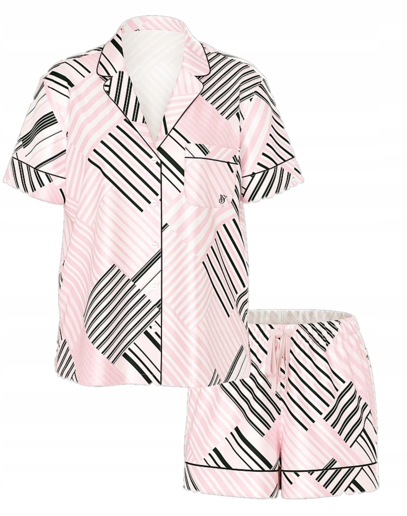 Krátké saténové pyžamo Victoria's Secret růžové s proužky, velikost Xs (s)