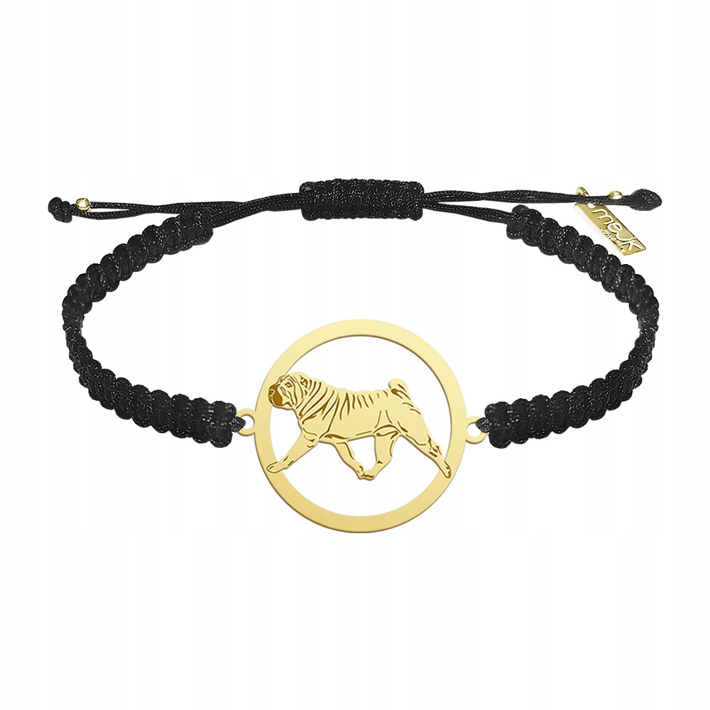 Zlatý náramek se psem Shar Pei Stříbro 925 Makramé Dárek Gravírování Bonus