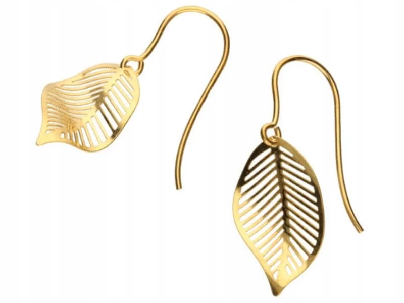 Zlaté náušnice 585, ažurové lístky na bižuterii jako dárek, módní vzor, dárek