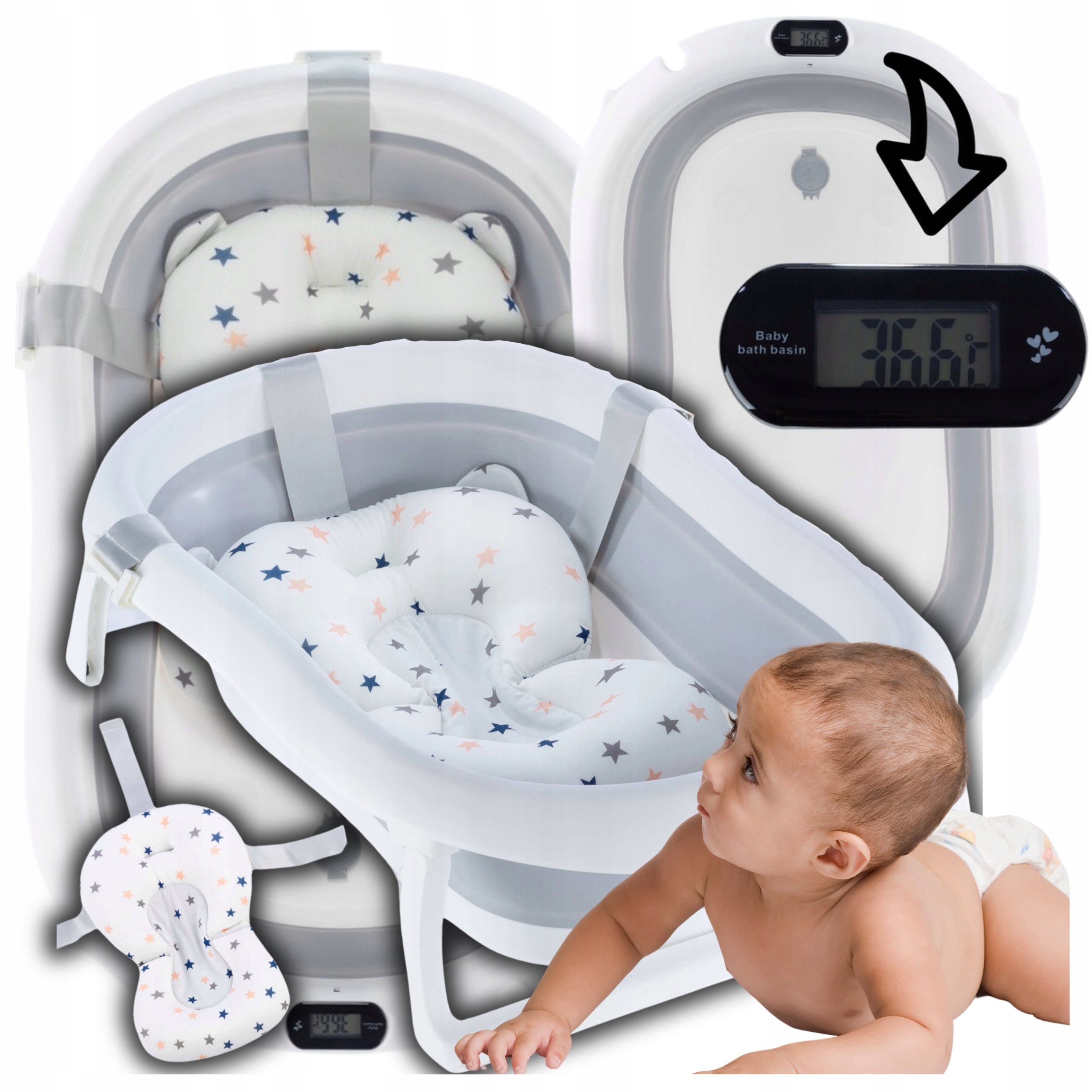 DUŻA WANIENKA SKŁADANA Z STELARZEM WANNA Z TERMOMETREM PODUSZKĄ DLA DZIECI