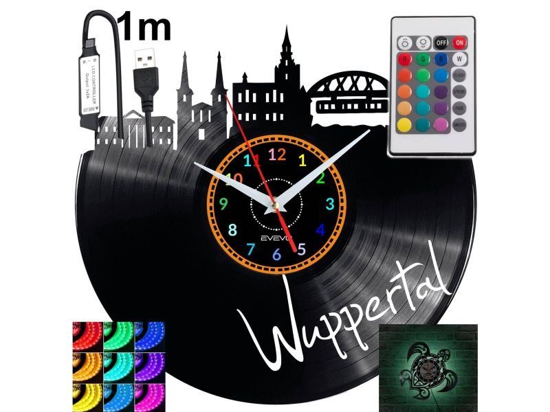 Wuppertal Nástěnné podsvícené Led hodiny Rgb na dálkové ovládání Vinylová deska Nowoc