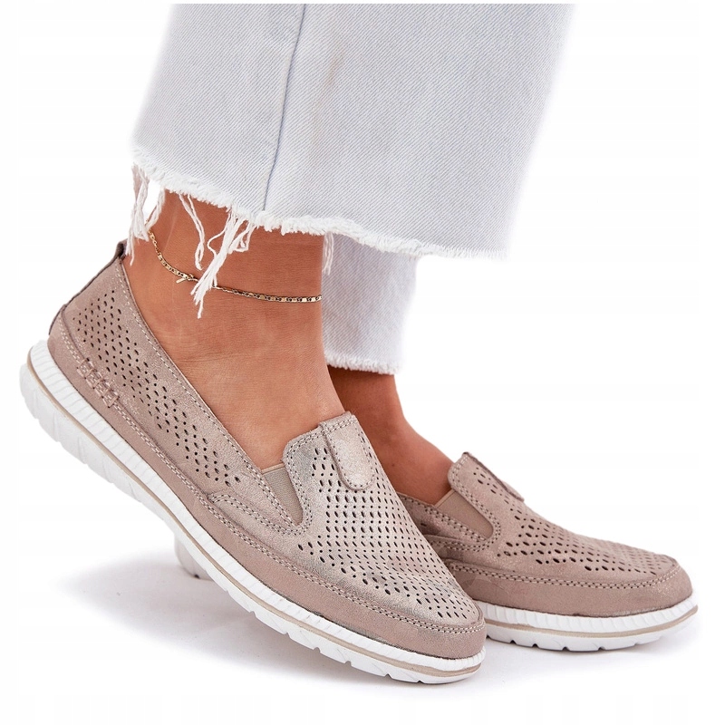 Dámské Polobotky Mokasíny Nazouvací Ažurové Semišové Lehké Zlaté 37