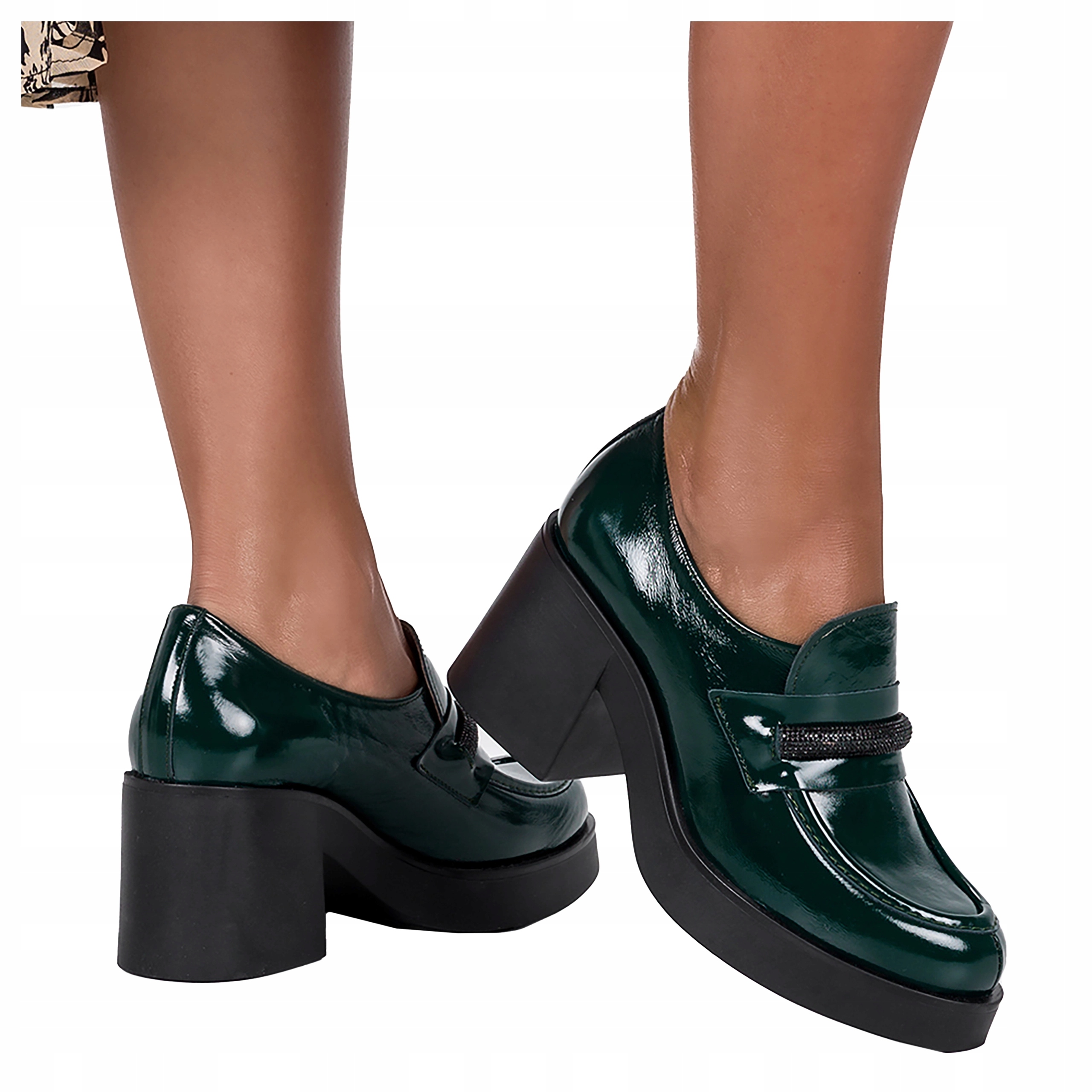 Mokasíny Zelené Dámské Lakované Na Podpatku Pohodlné Módní velikost 38