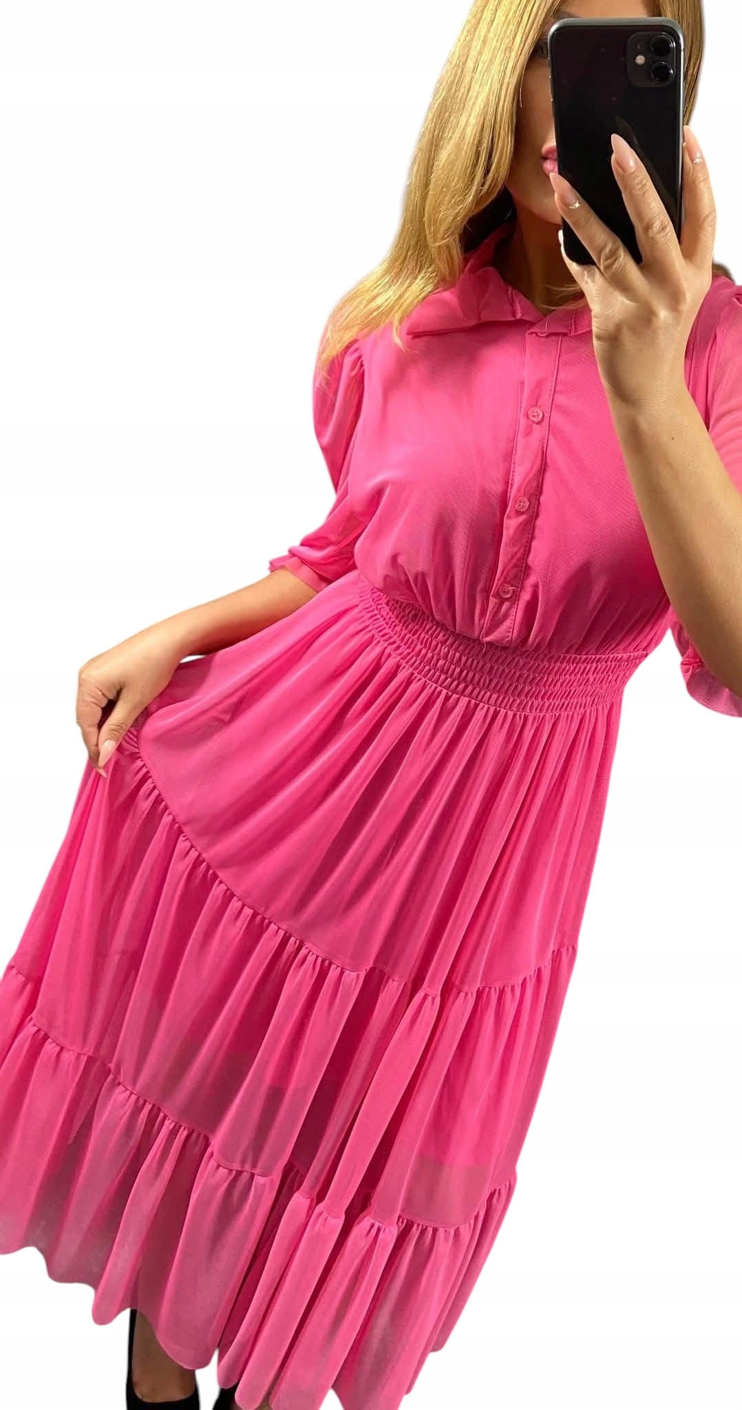 V0013 Šaty Síťka S Límečkem Fuchsiová vel. 42 (XL)