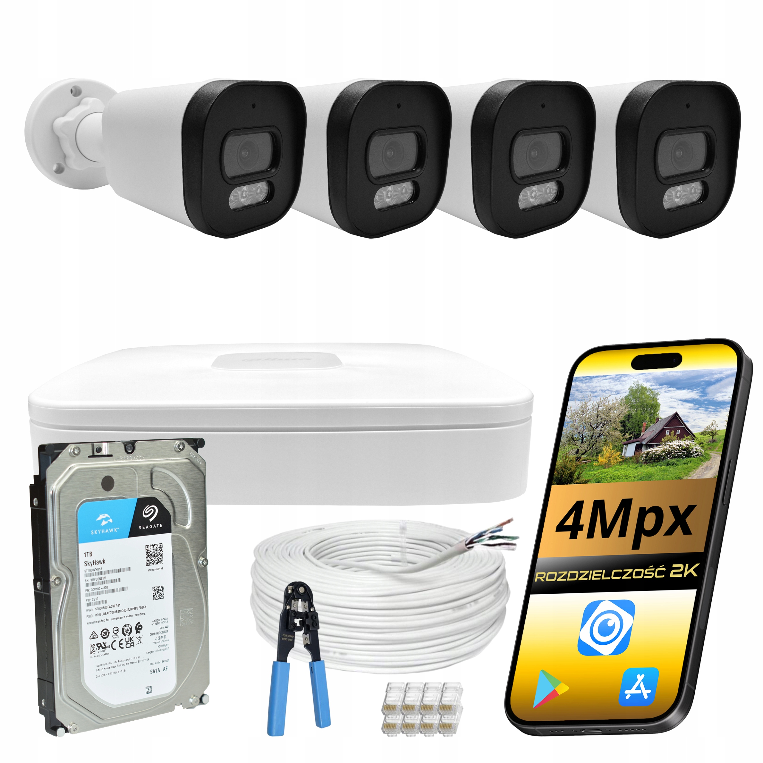 Sada kamer Dahua Ip PoE 4Mpx 4 venkovní kamery 1TB pro monitorování domu