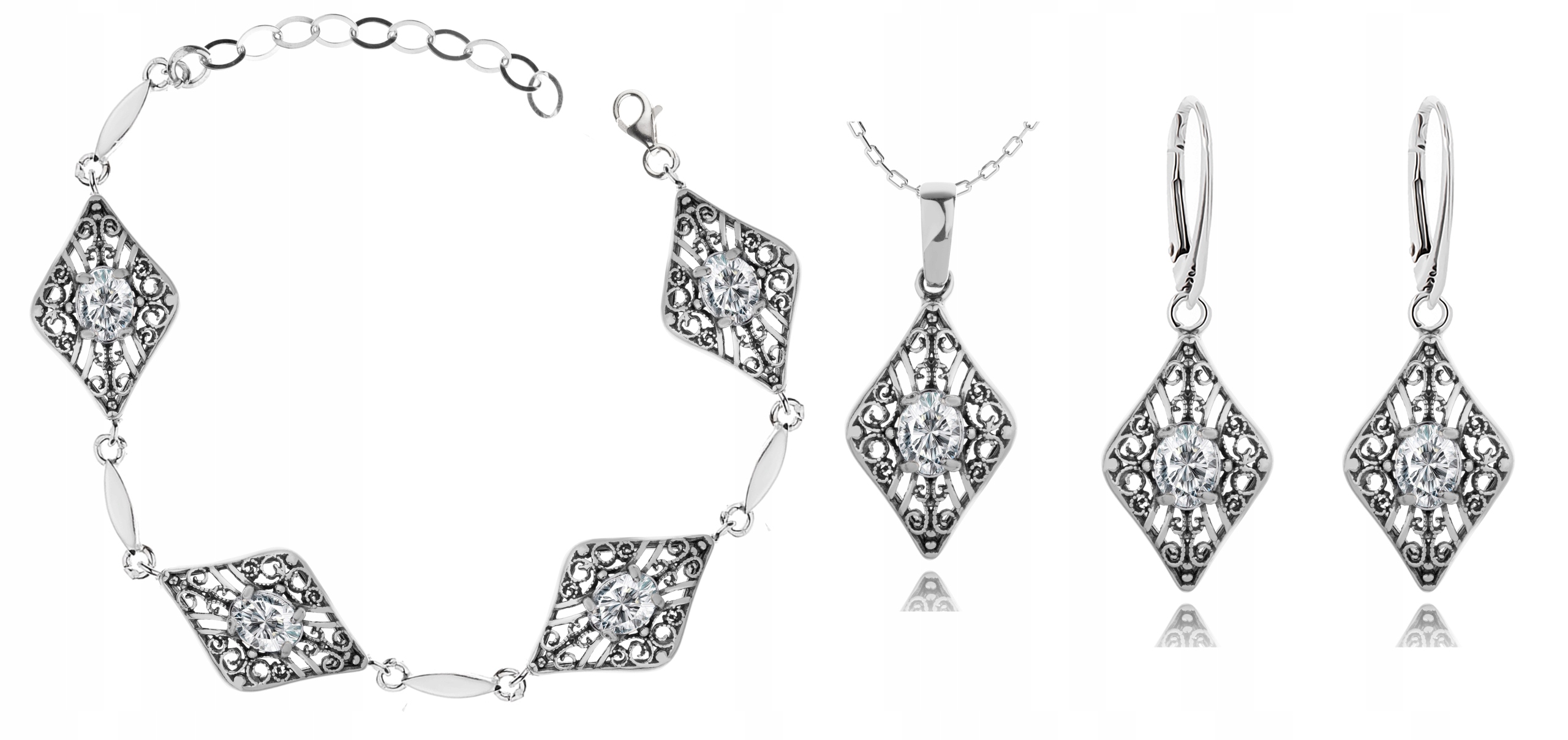 

Komplet Ażurowej Biżuterii Z Białymi Cyrkoniami