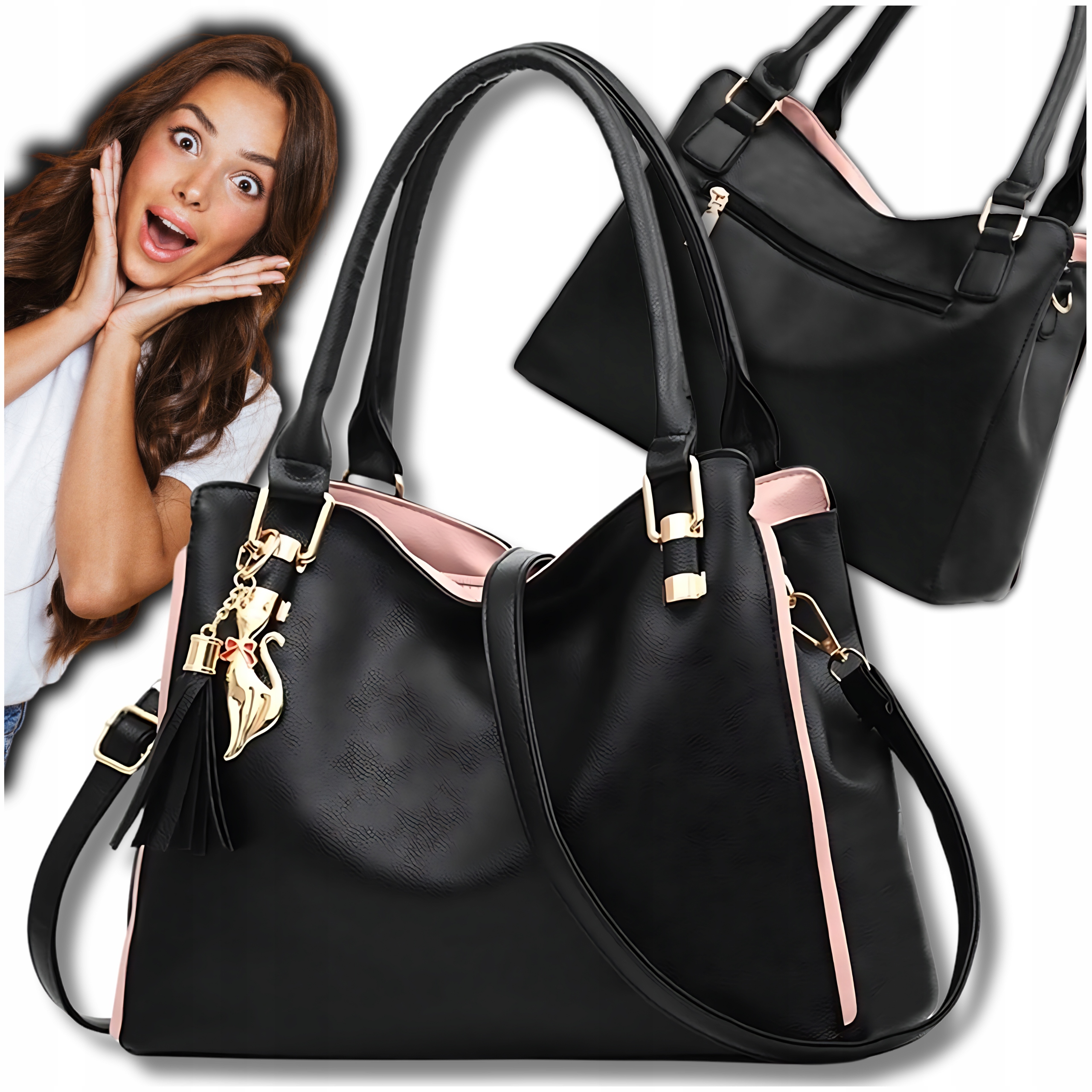 SKÓRZANA POJEMNA TORBA SHOPPER Z BRELOKIEM NA RAMIĘ DAMSKA MIEJSKA TOREBKA