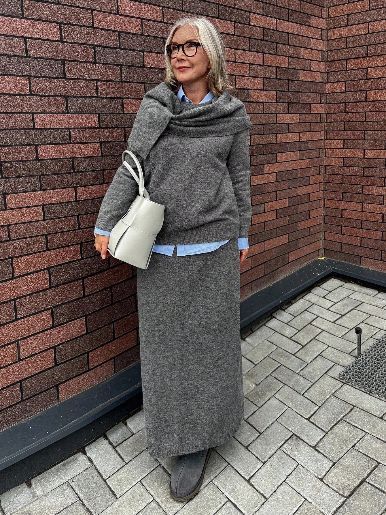 Komplet Maxi Šedý Pletený Svetr Sukně Elegantní Šála Shein M 38