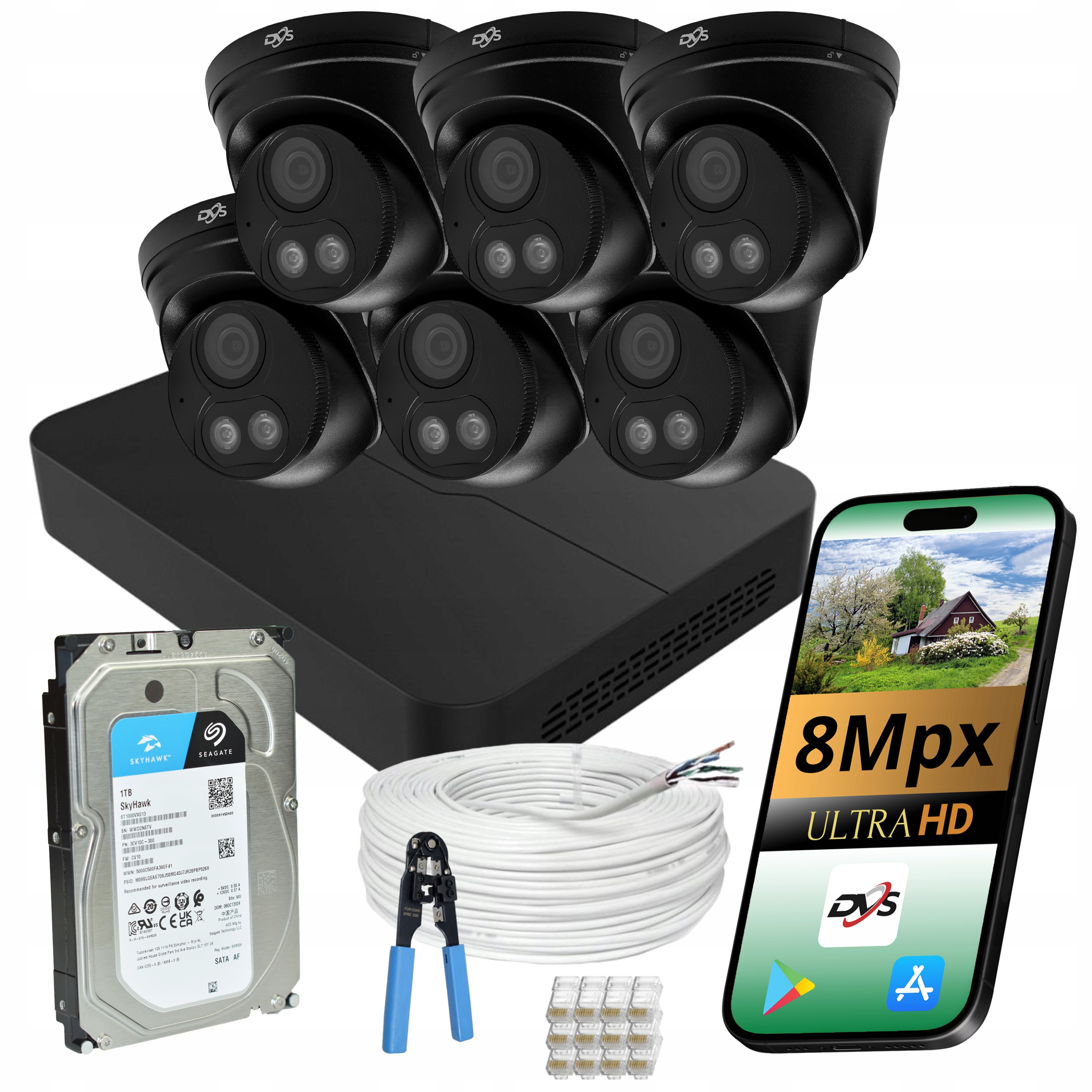 Kompletní Sada Monitorování Ip Poe 6 Kamer 8MPX Černý Kopulovitý Nvr Disk